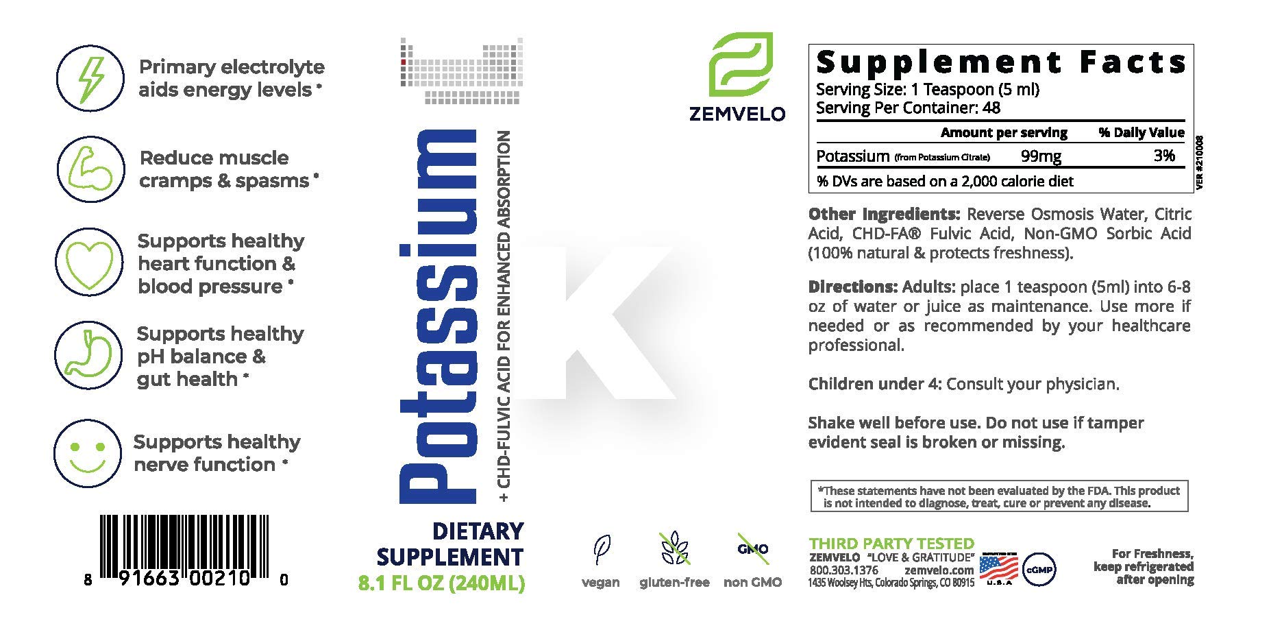 Zemvelo Liquid Ionic Potassium Citrate 8 oz side view