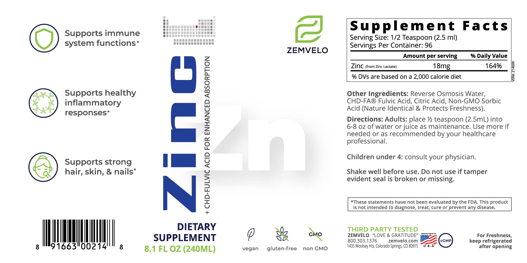 Zemvelo Zinc Liquid Supplement 227g side view showing bottle design