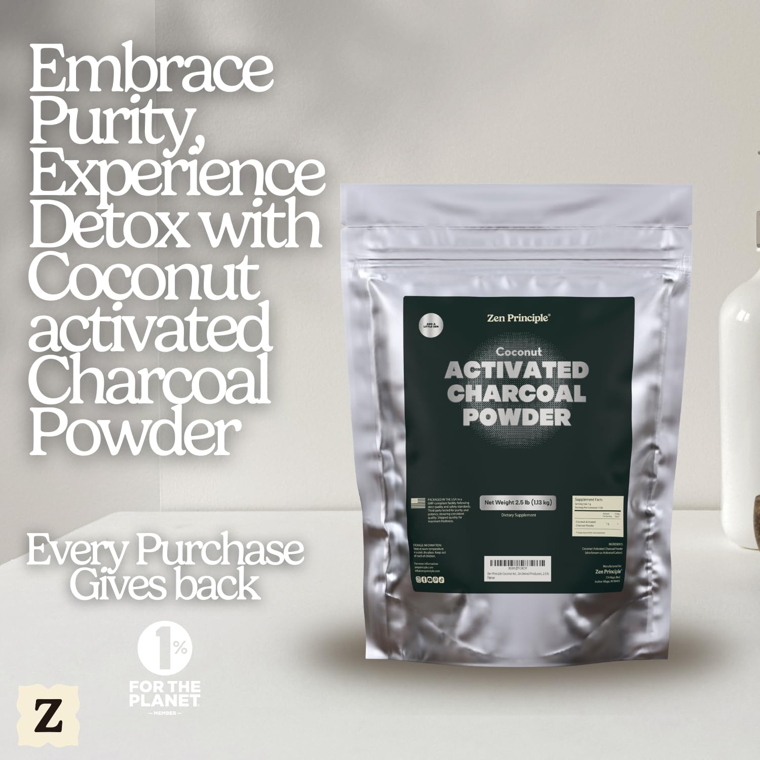 Zen Charcoal Activated Charcoal Powder in a glass of water