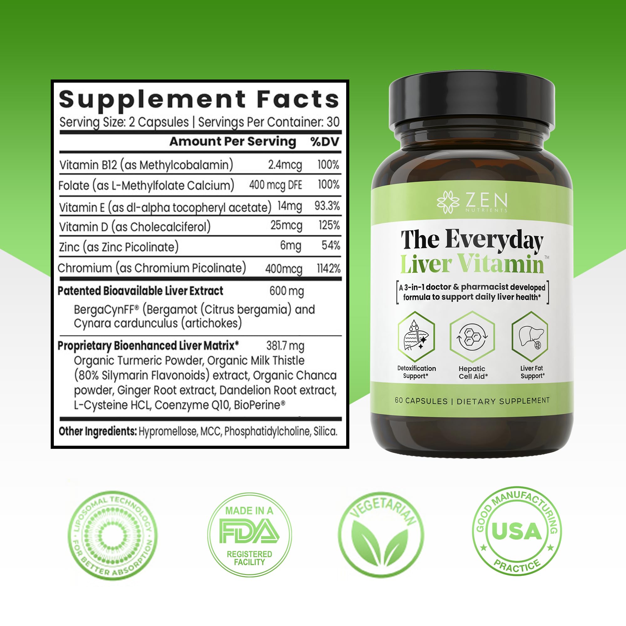 Zen Nutrients Everyday Liver Supplement capsules in a bottle