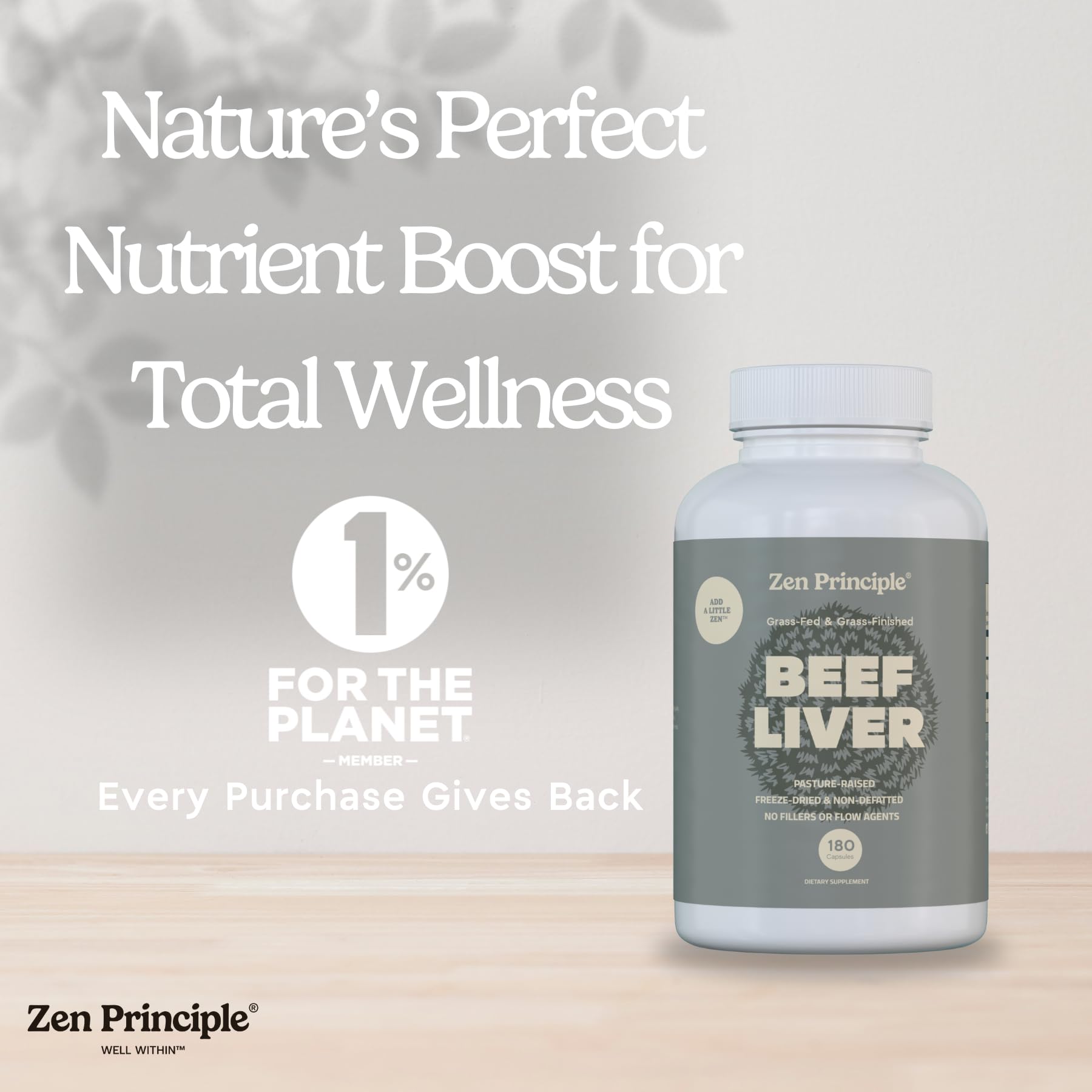 Zen Principle Beef Liver Capsules displayed with fresh vegetables