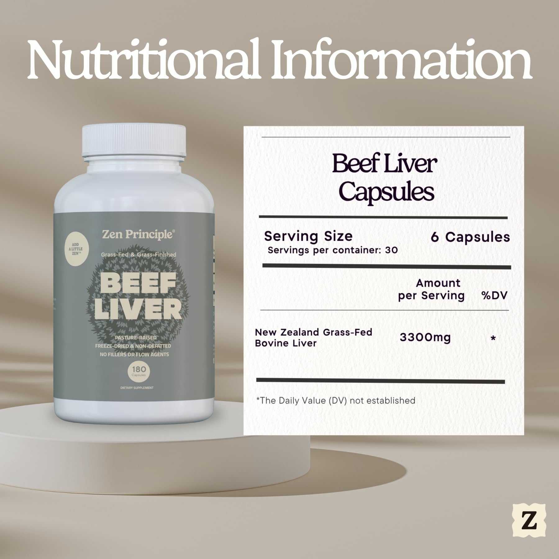 Zen Principle Beef Liver Capsules on a kitchen countertop