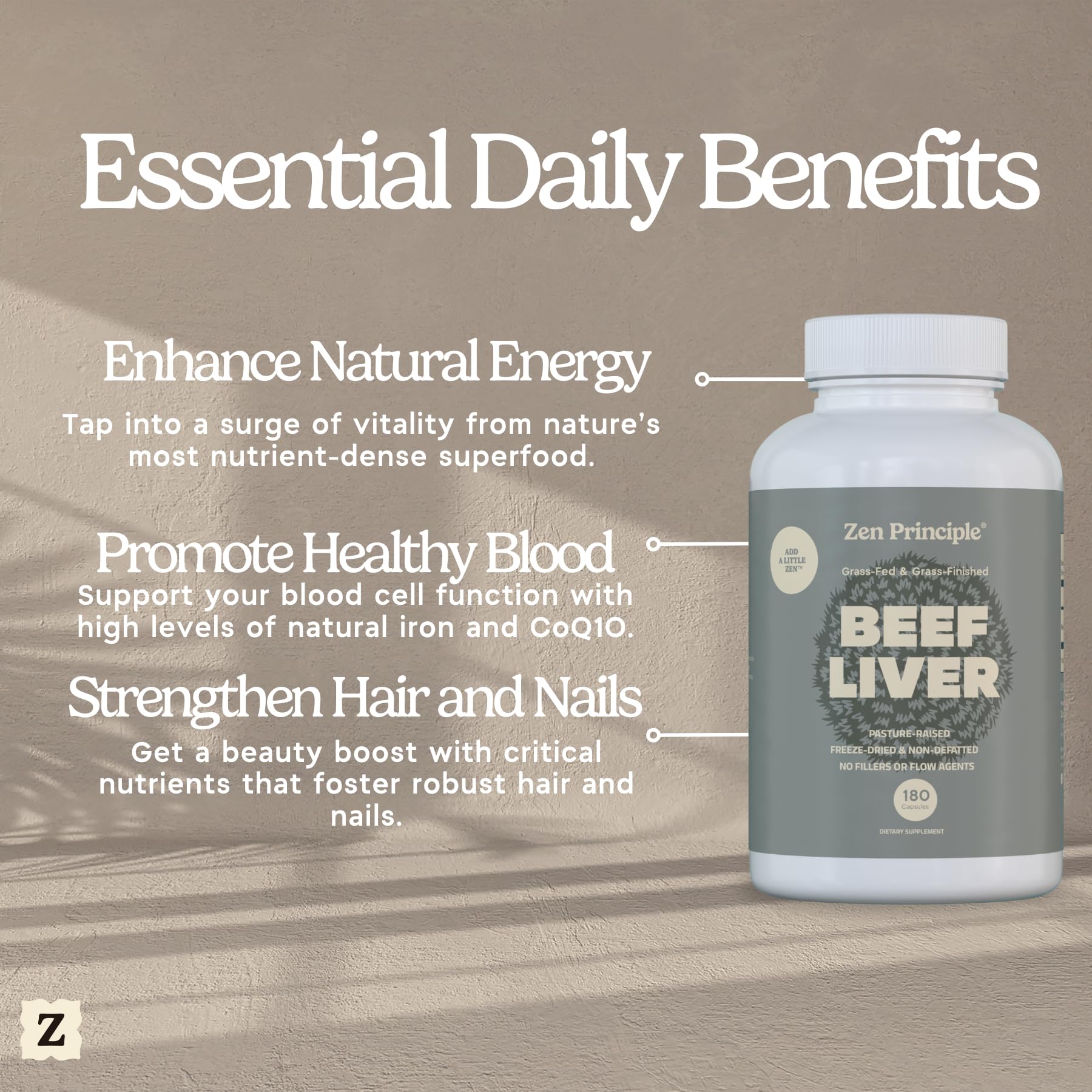 Zen Principle Beef Liver Capsules with a close-up of the capsule