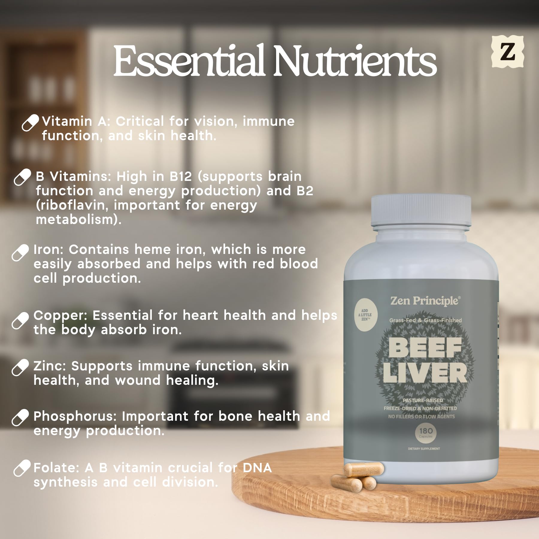 Zen Principle Beef Liver Capsules with a measuring spoon