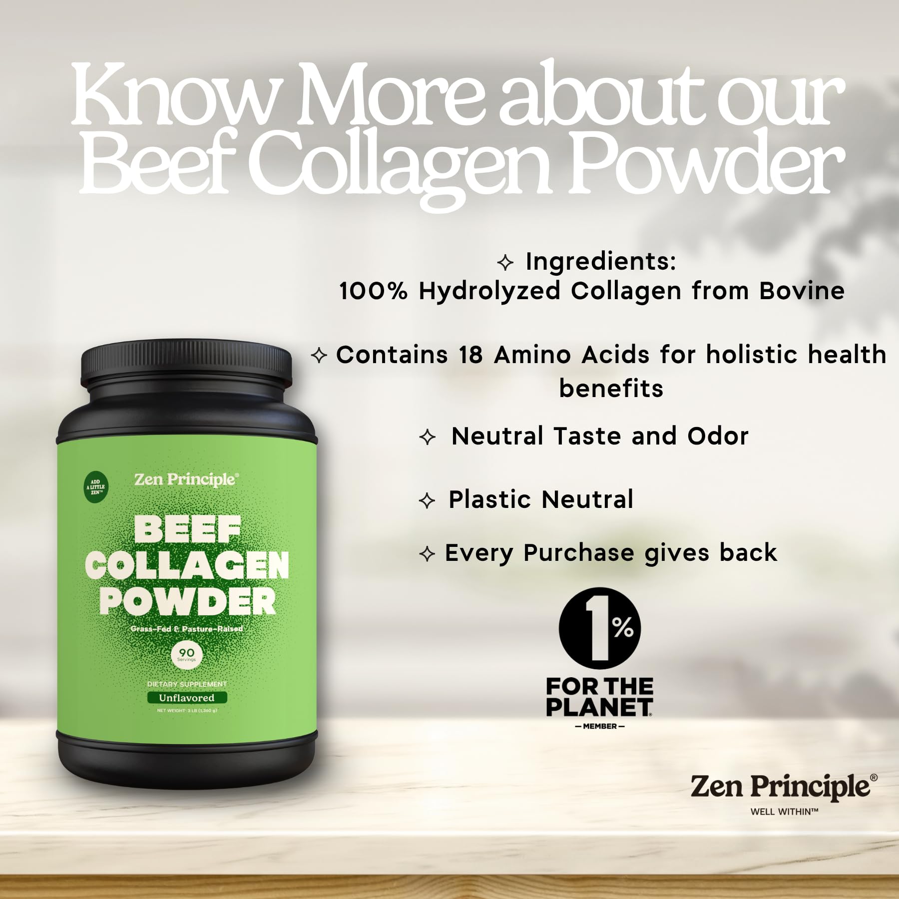 Zen Principle Collagen Peptides 680g scoop and powder