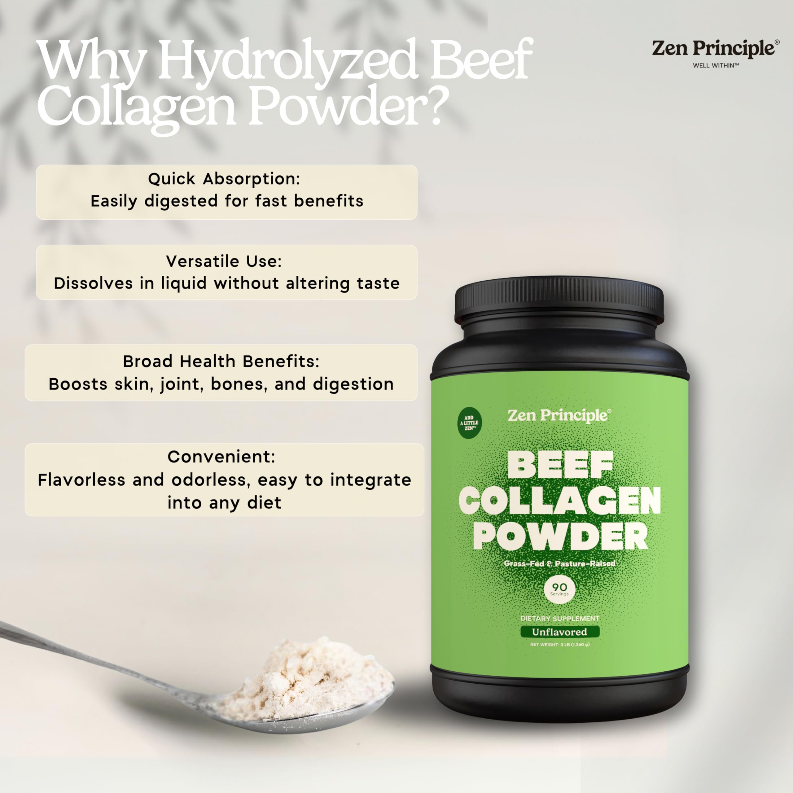 Zen Principle Collagen Peptides on a kitchen counter