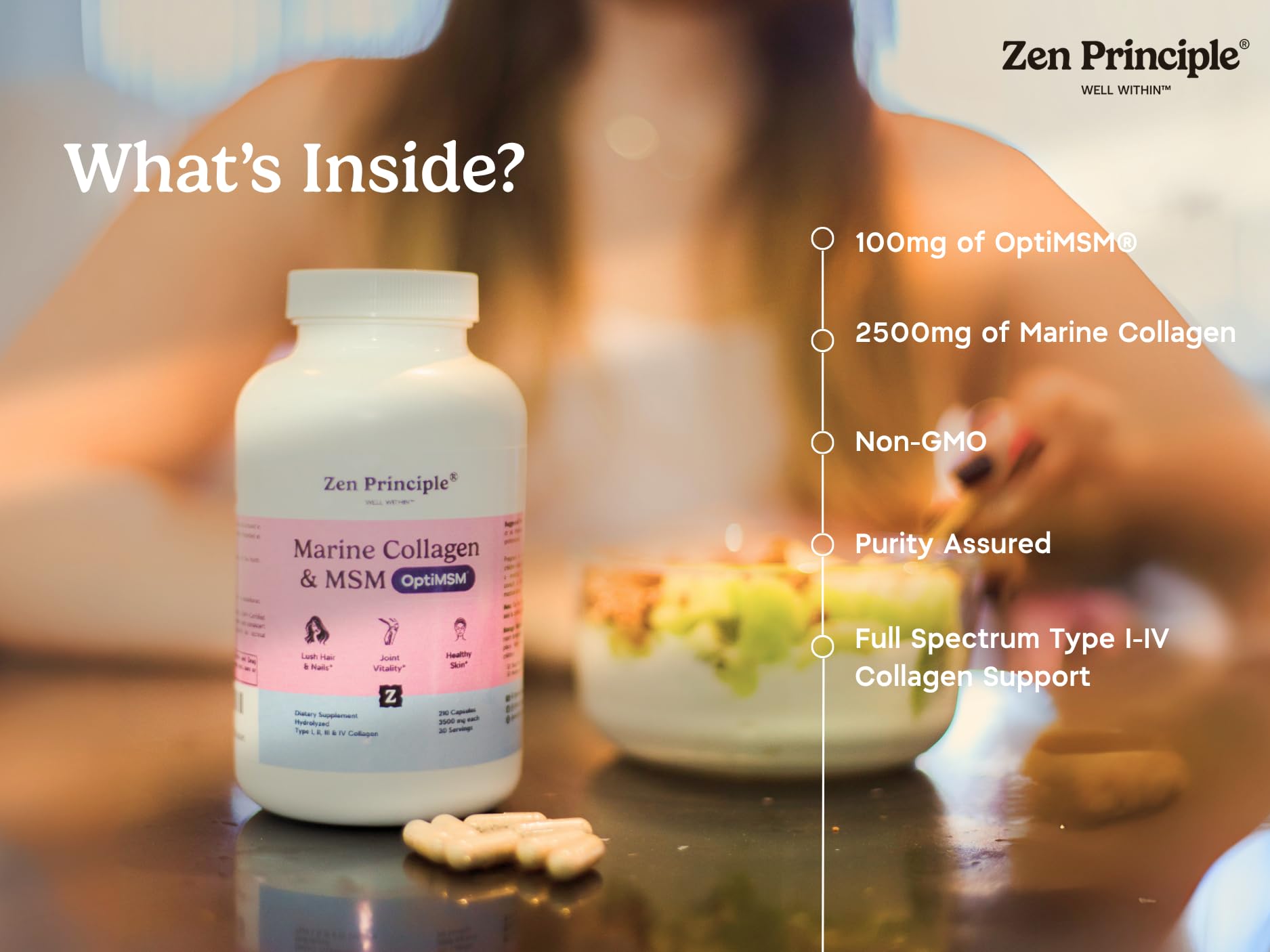 Zen Principle Collagen Supplement with MSM bottle with capsules