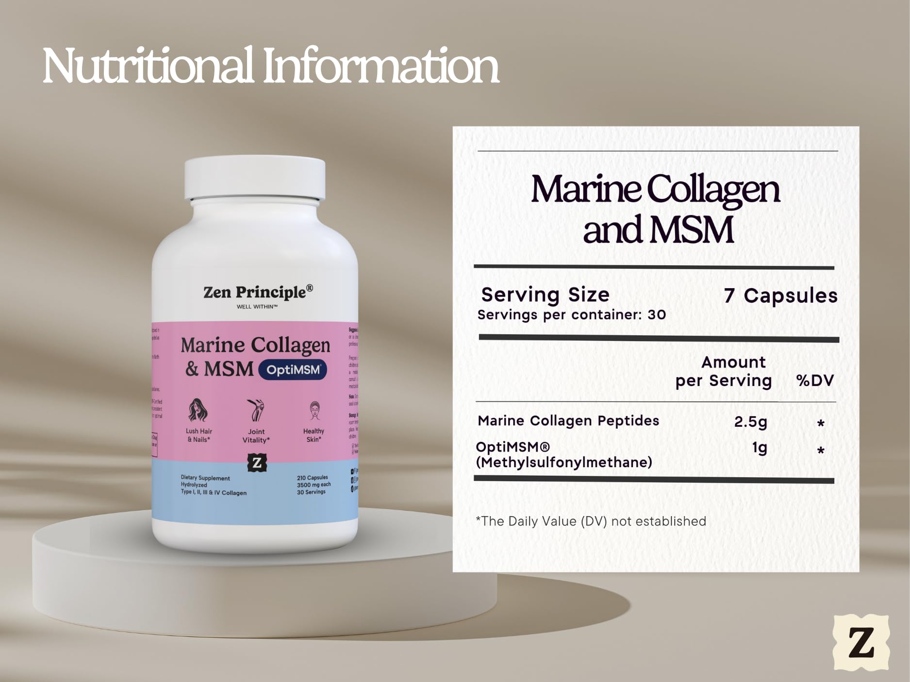 Zen Principle Collagen Supplement with MSM capsules in a hand