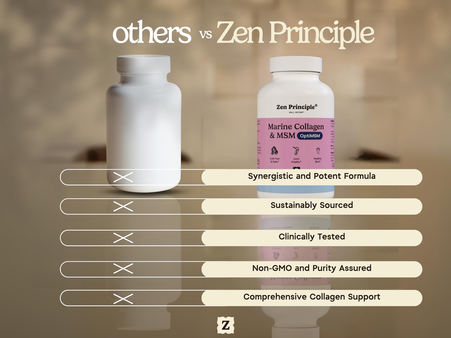 Zen Principle Collagen Supplement with MSM capsules on a wooden surface