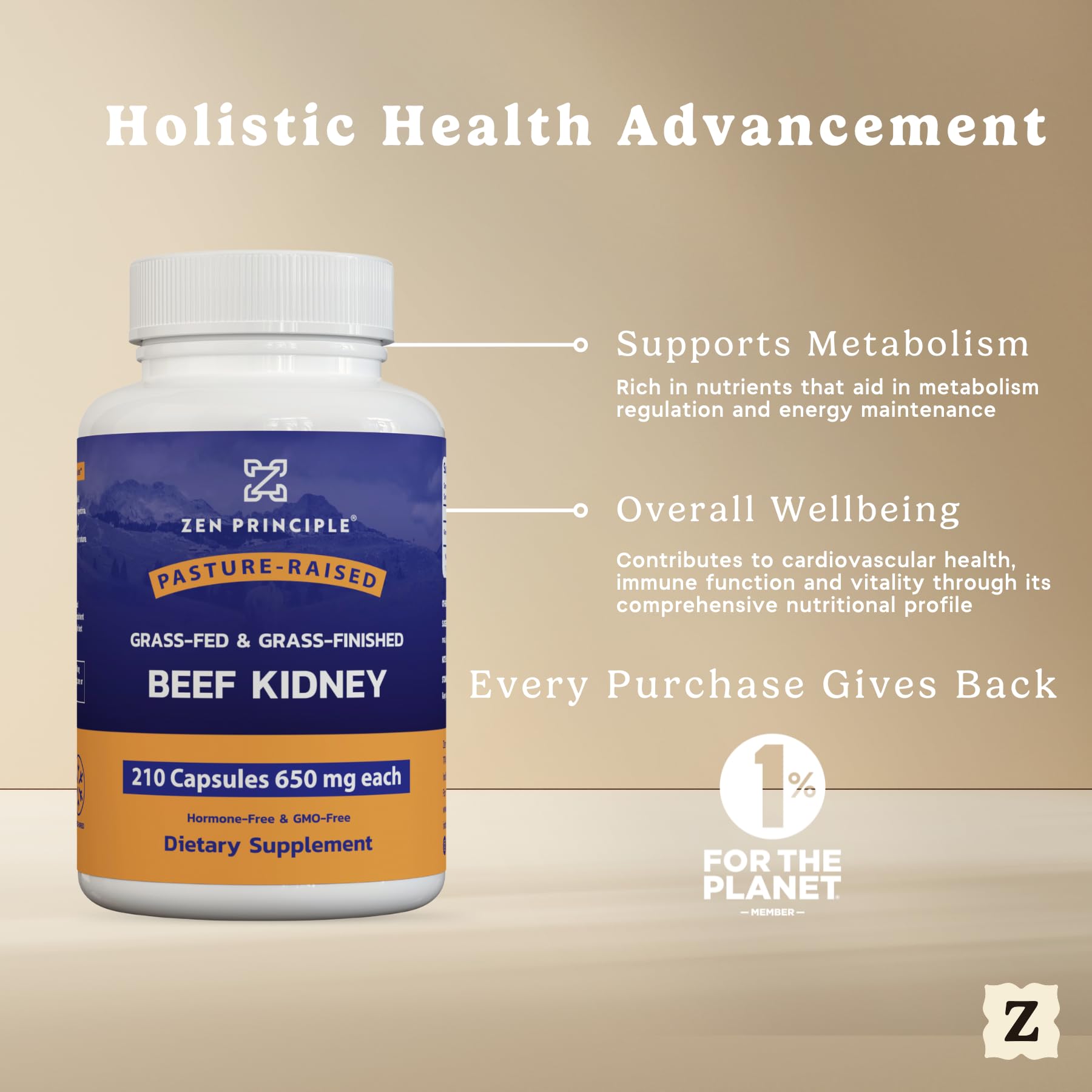 Zen Principle Grass-Fed Beef Kidney Capsules open bottle with capsules