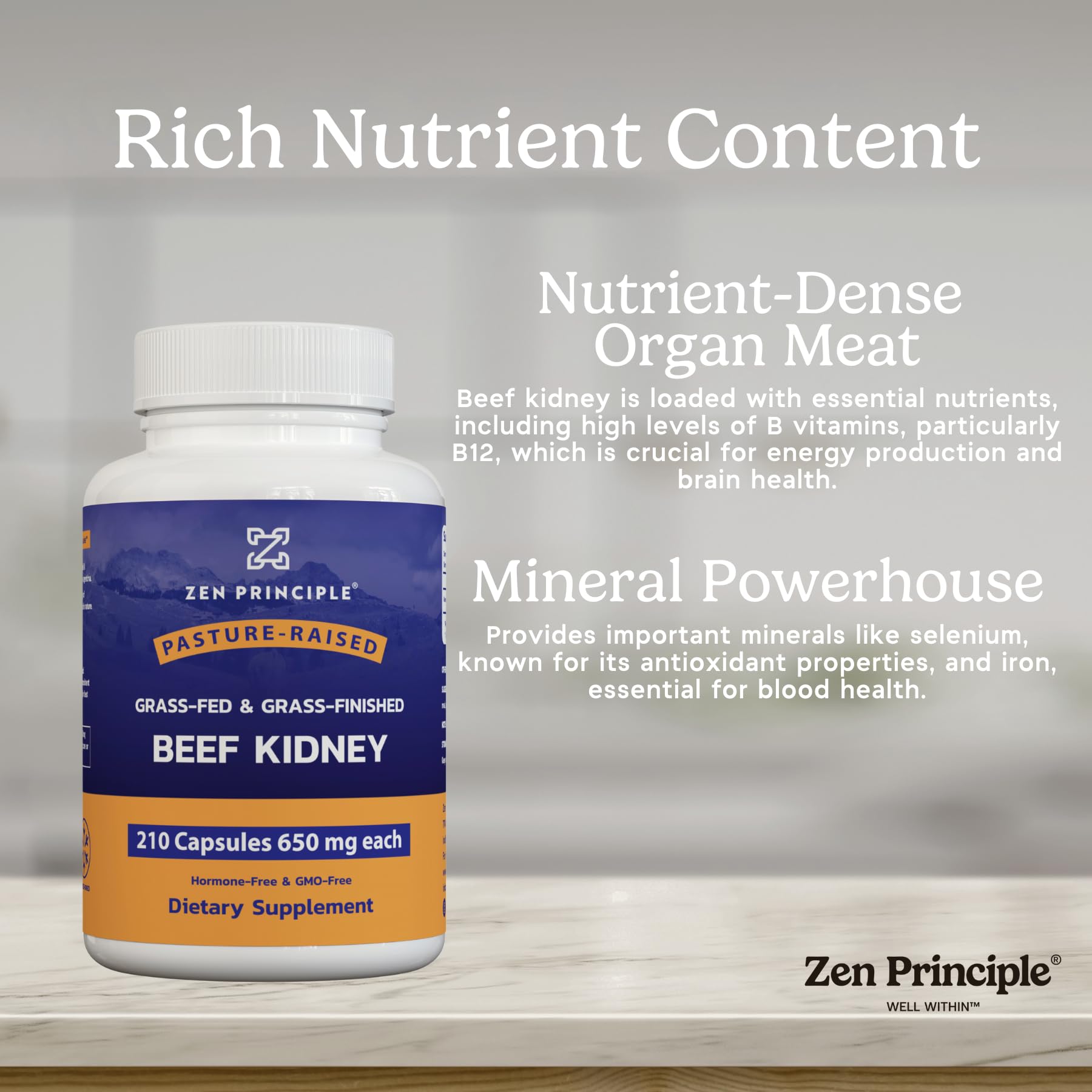 Zen Principle Grass-Fed Beef Kidney Capsules packaging details