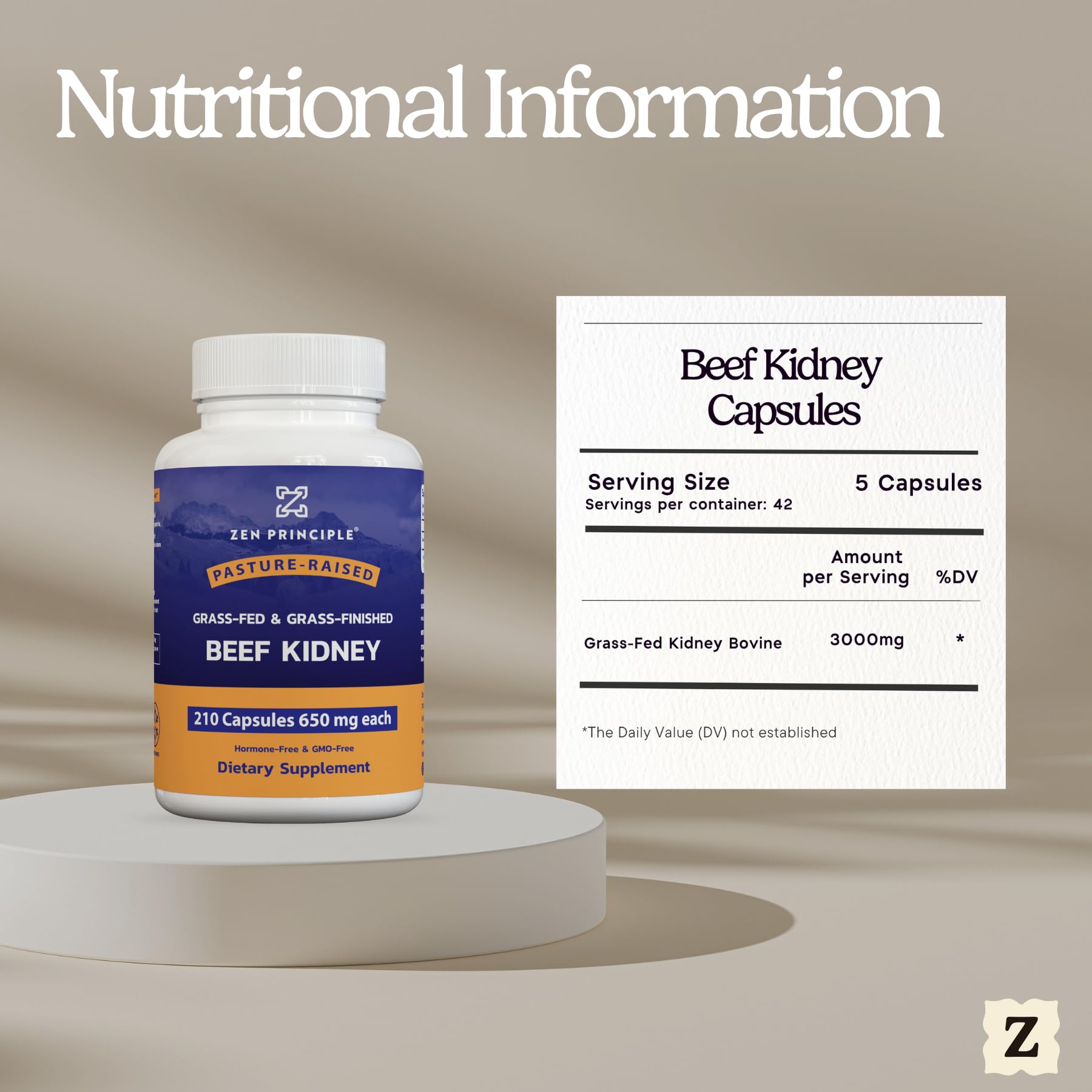 Zen Principle Grass-Fed Beef Kidney Capsules with natural ingredients