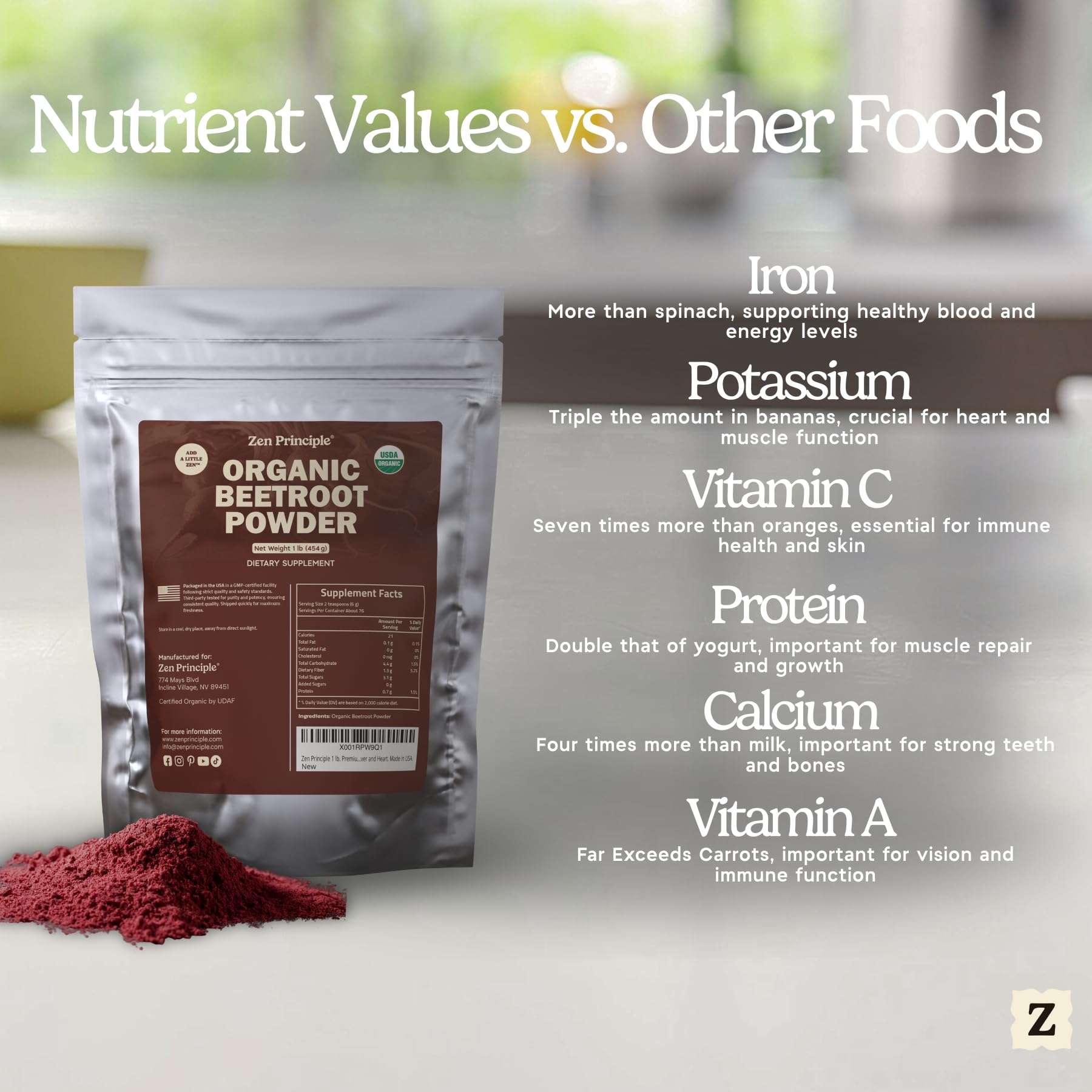 Zen Principle Organic Beetroot Powder on a kitchen counter