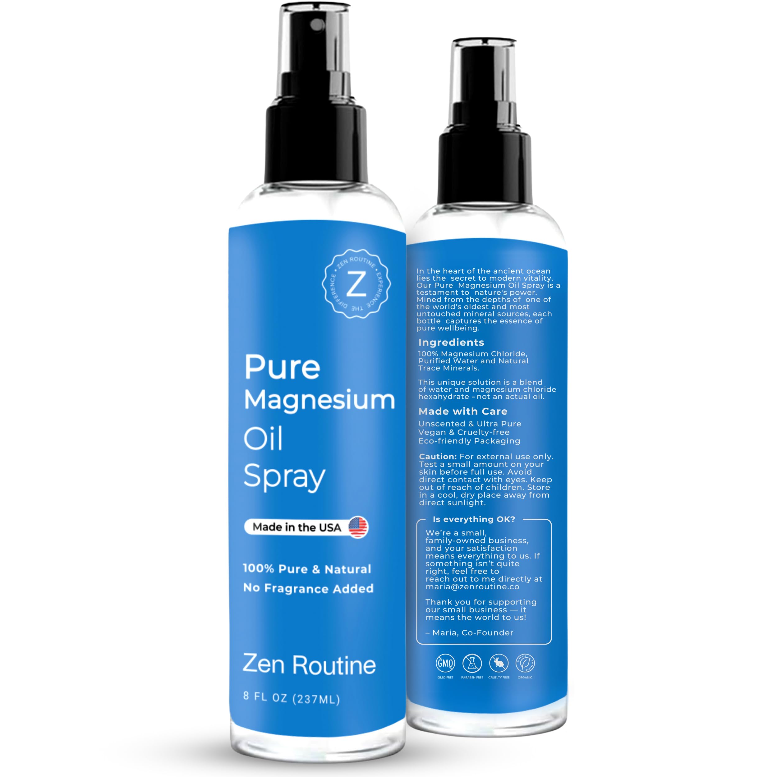 Zen Routine Magnesium Oil Spray 227g with ingredients list