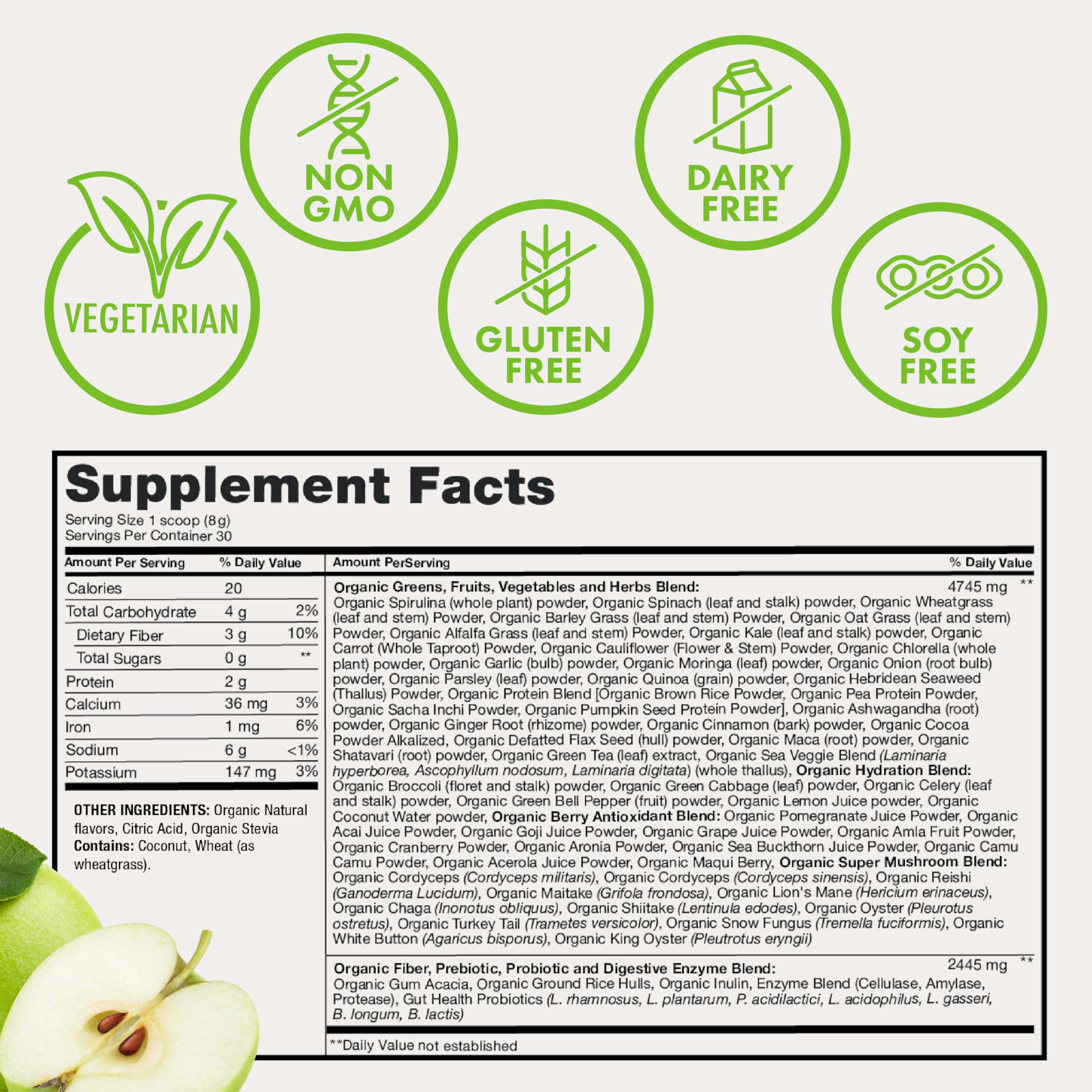 Zena Nutrition Alfalfa Superfood Powder with fresh apples