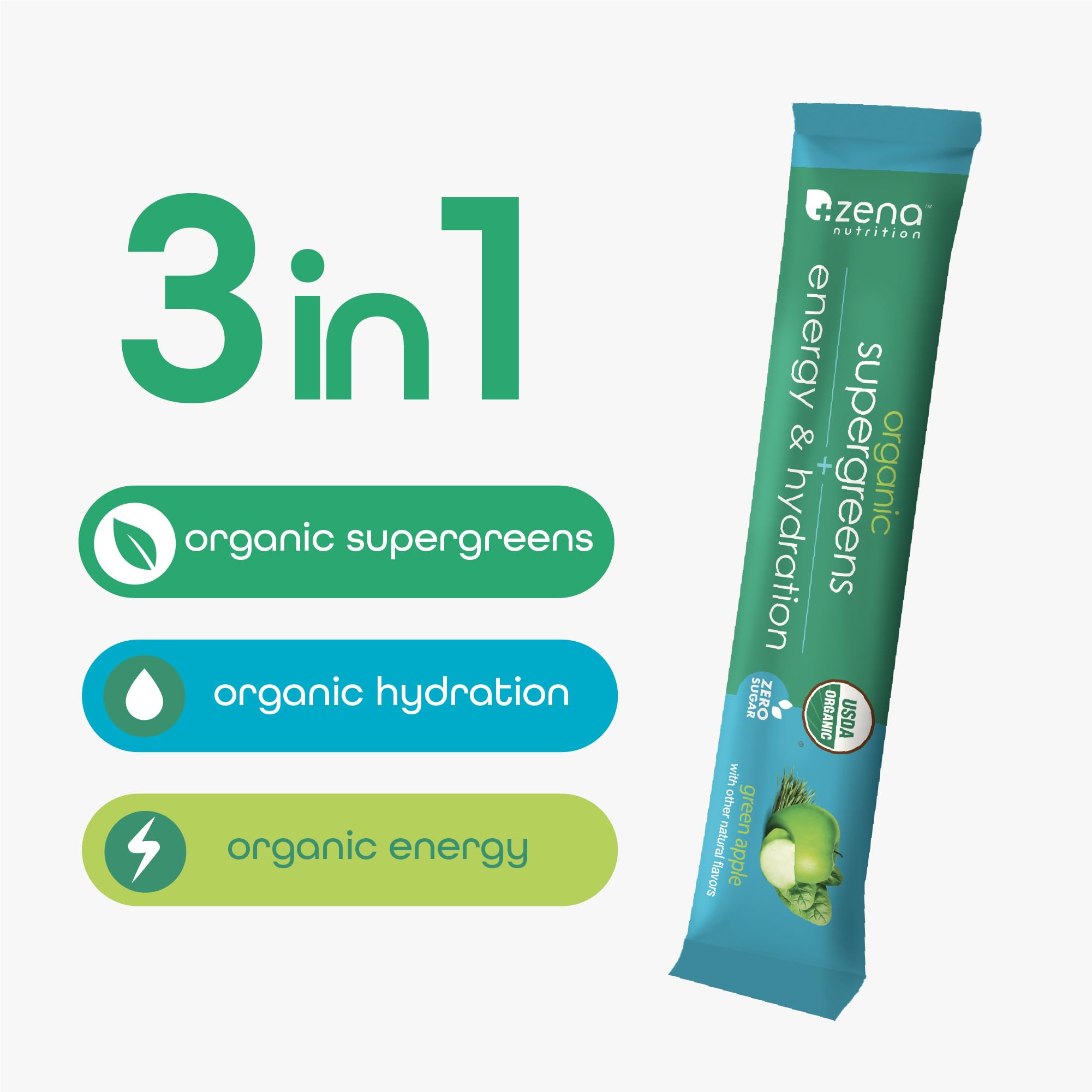 Zena Nutrition Organic Supergreens Energy + Hydration stick pack back view