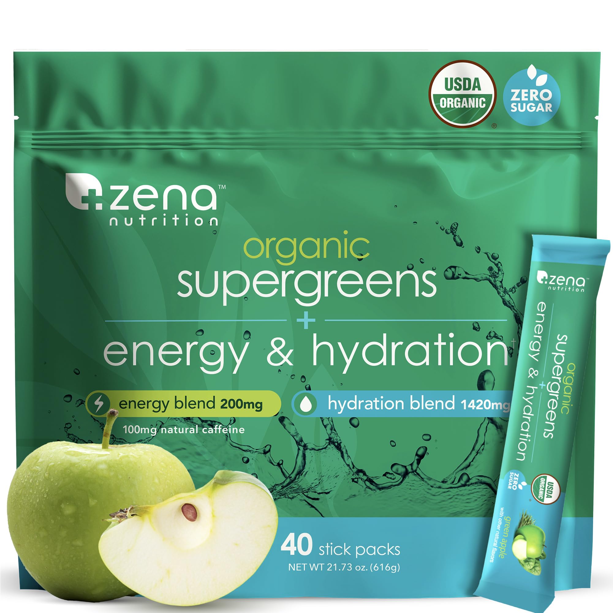 Zena Nutrition Organic Supergreens Energy + Hydration stick pack front view
