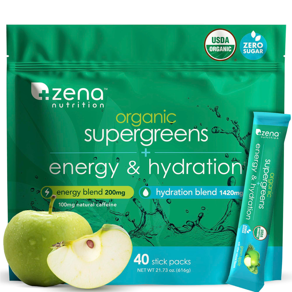 Zena Nutrition Organic Supergreens Energy + Hydration stick pack front view