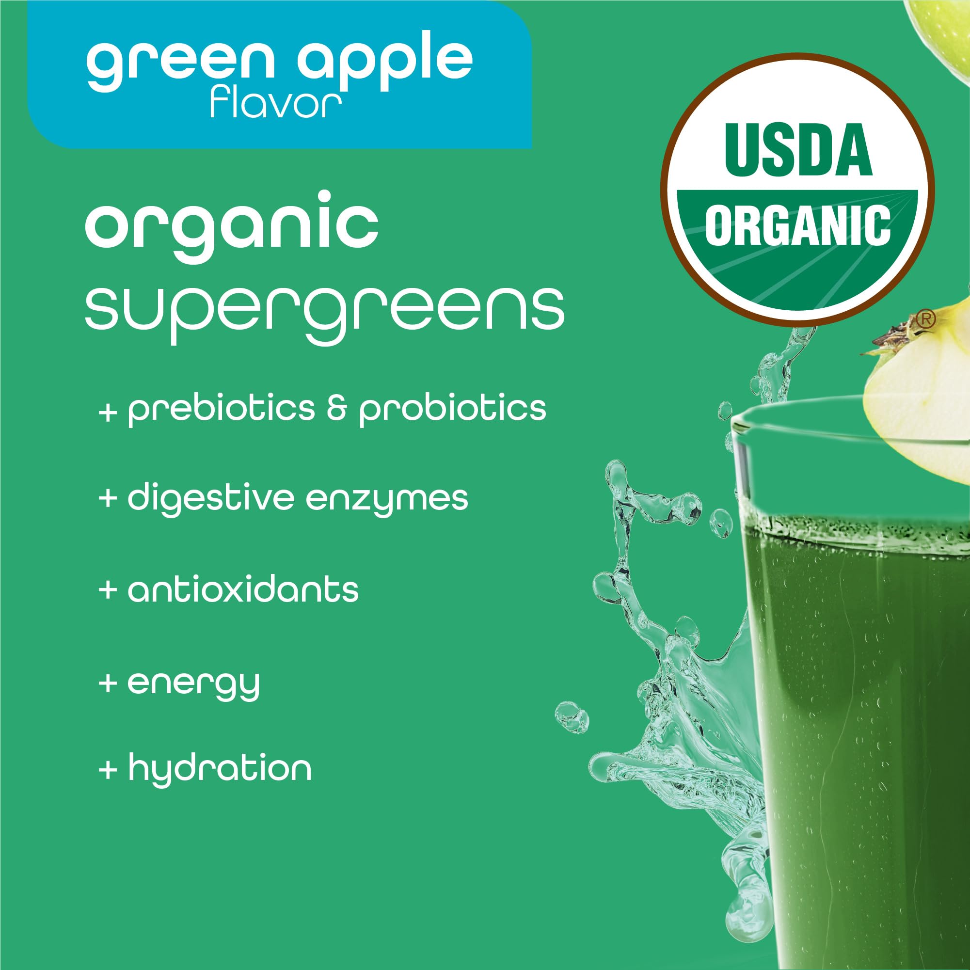 Zena Nutrition Organic Supergreens Energy + Hydration stick pack opened with powder