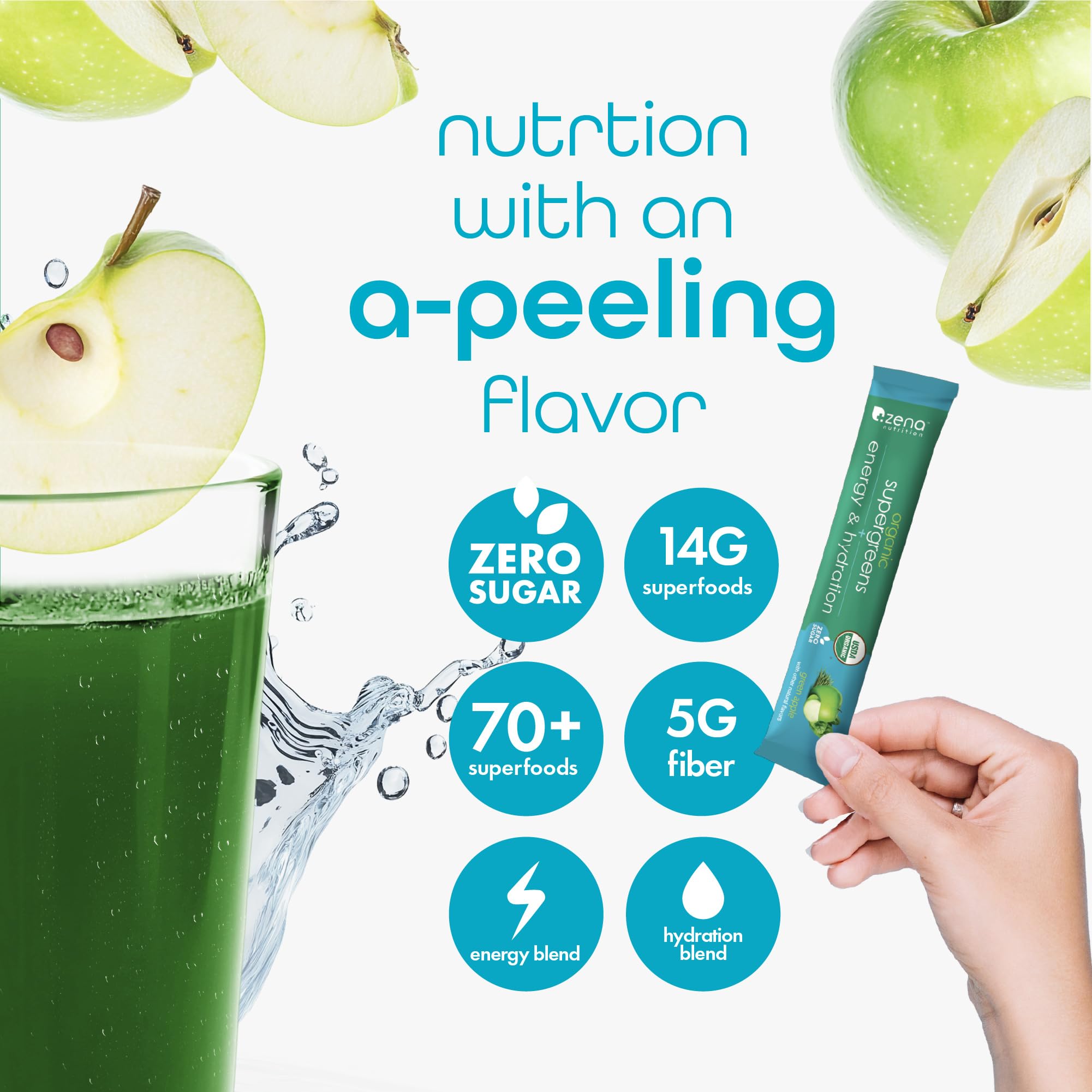 Zena Nutrition Organic Supergreens Energy + Hydration stick pack with ingredients displayed