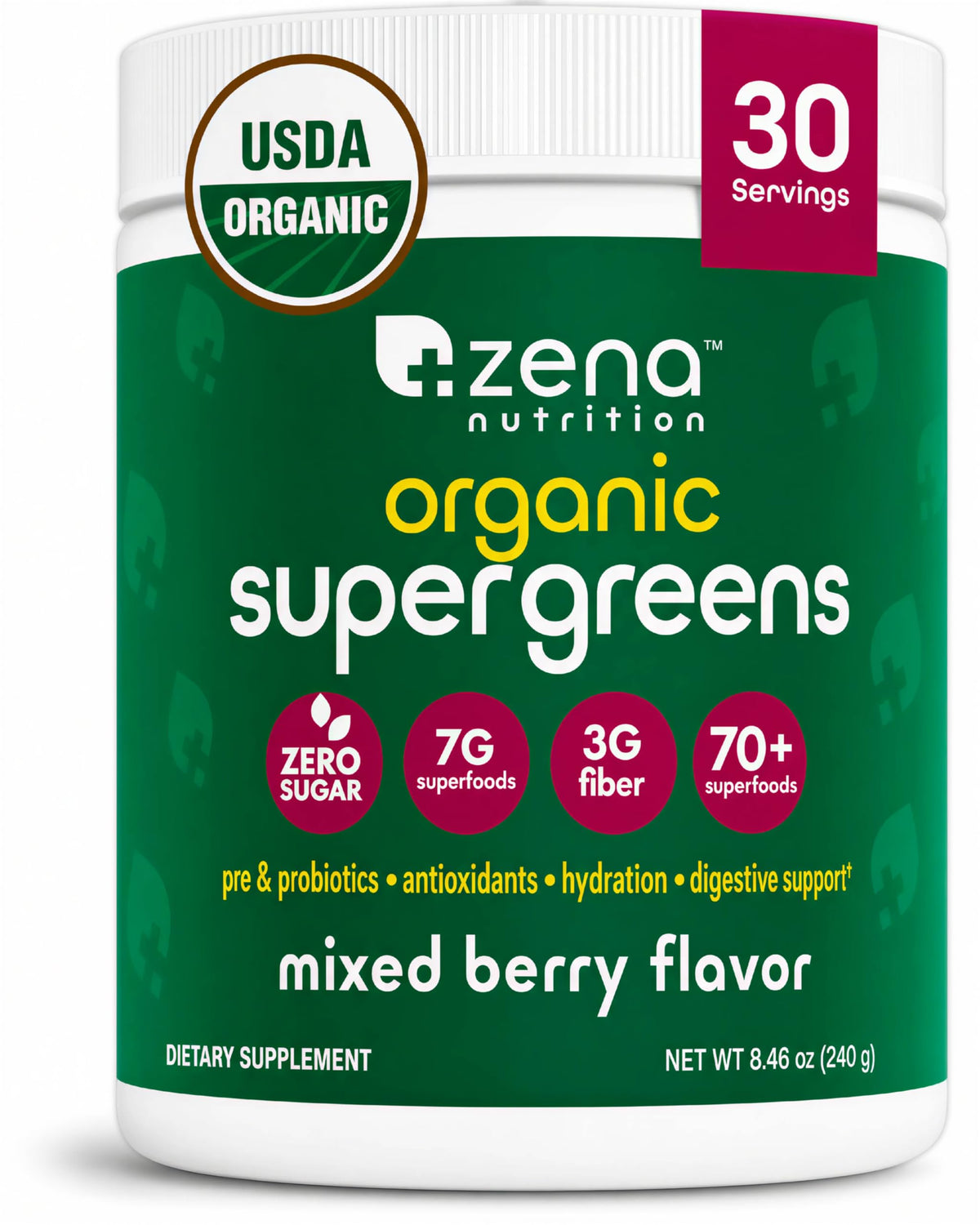 Zena Nutrition Organic Supergreens Powder 299g packaging front view