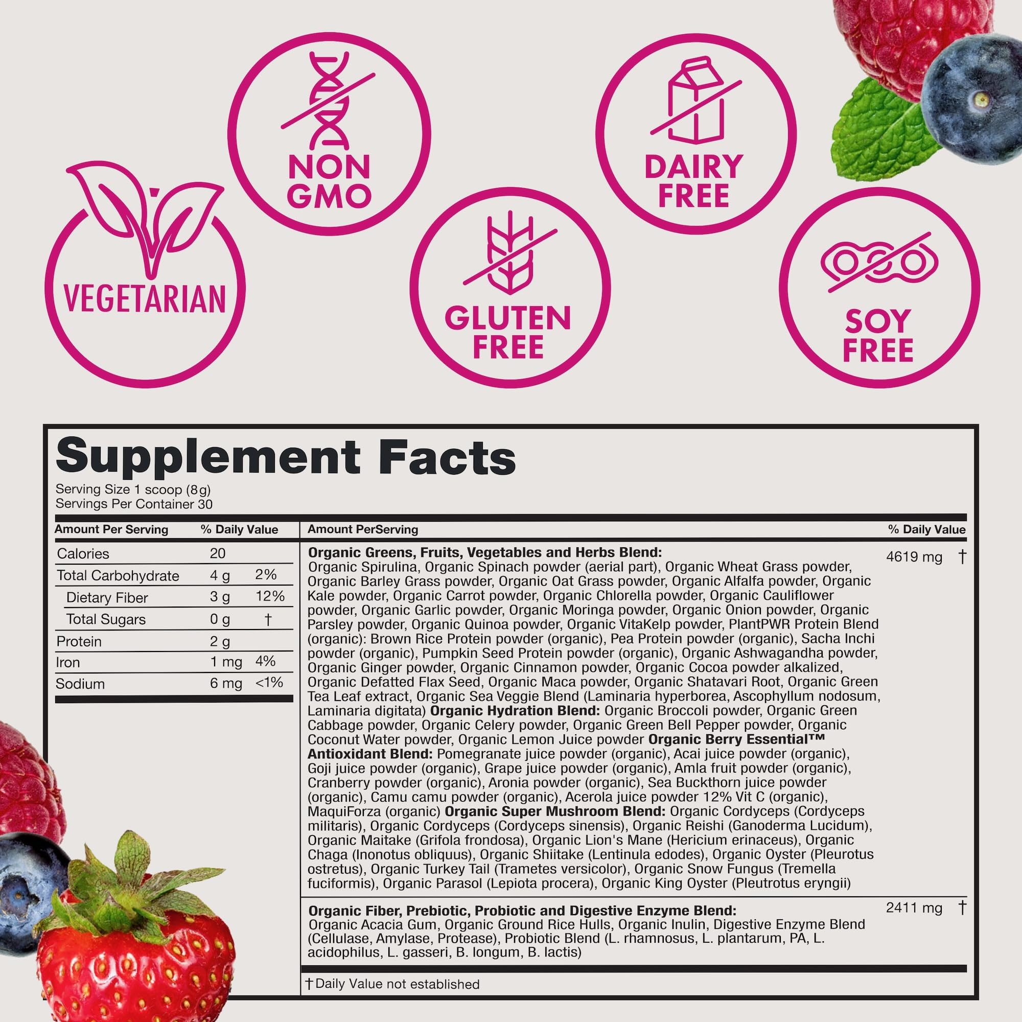 Zena Nutrition Organic Supergreens Powder 299g with fruits and vegetables