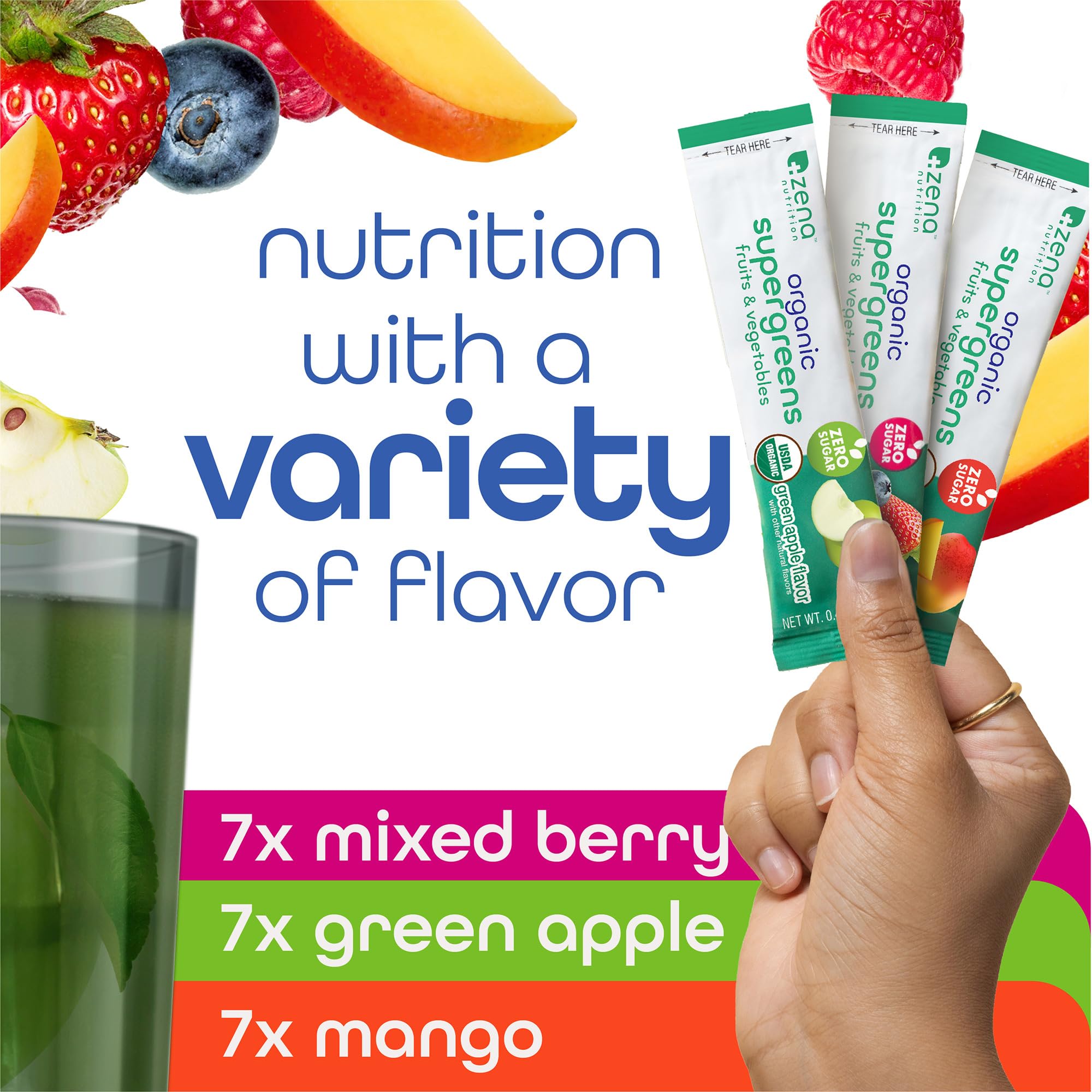 Zena Nutrition Organic Supergreens Powder Green Apple flavour stick pack