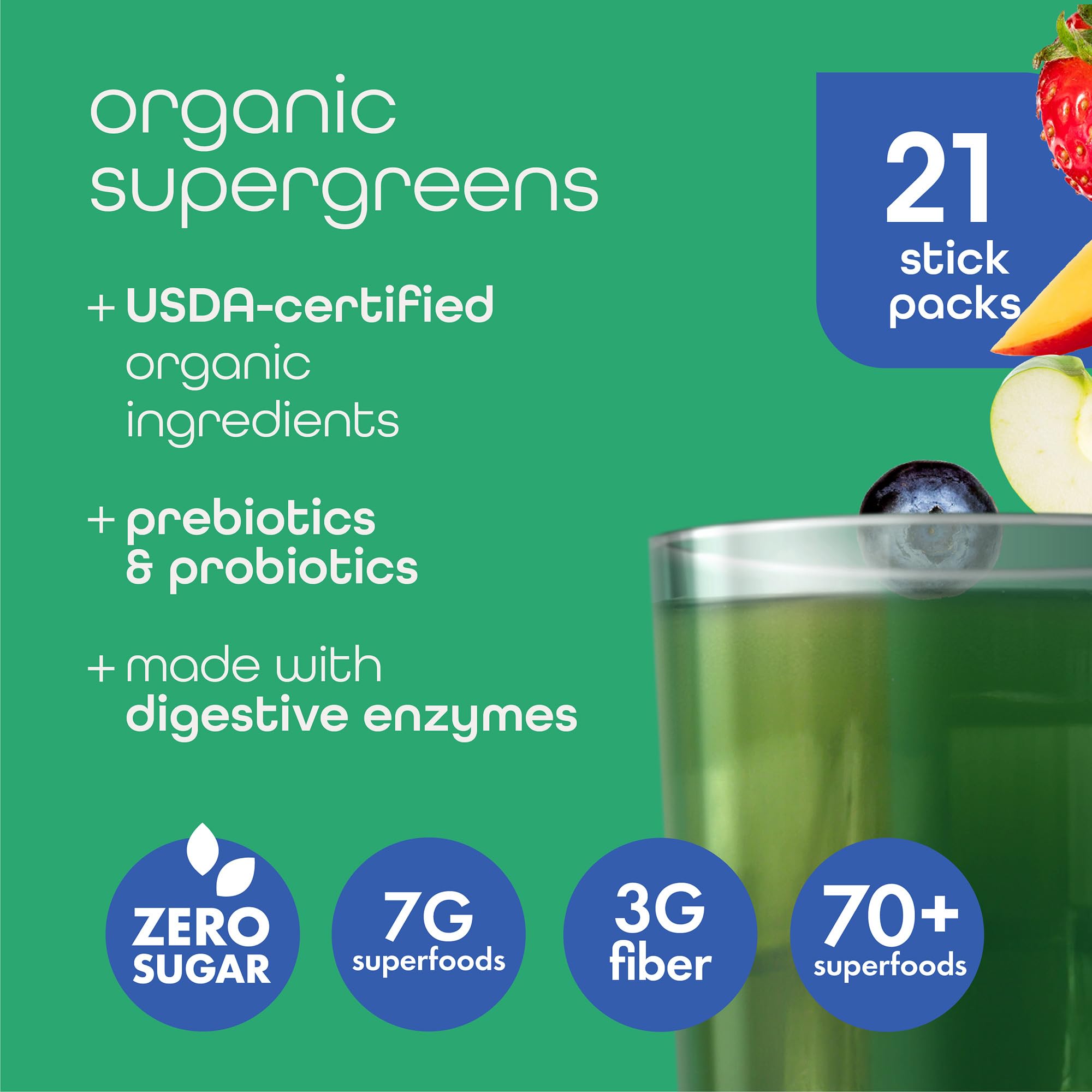 Zena Nutrition Organic Supergreens Powder Mixed Berry flavour stick pack