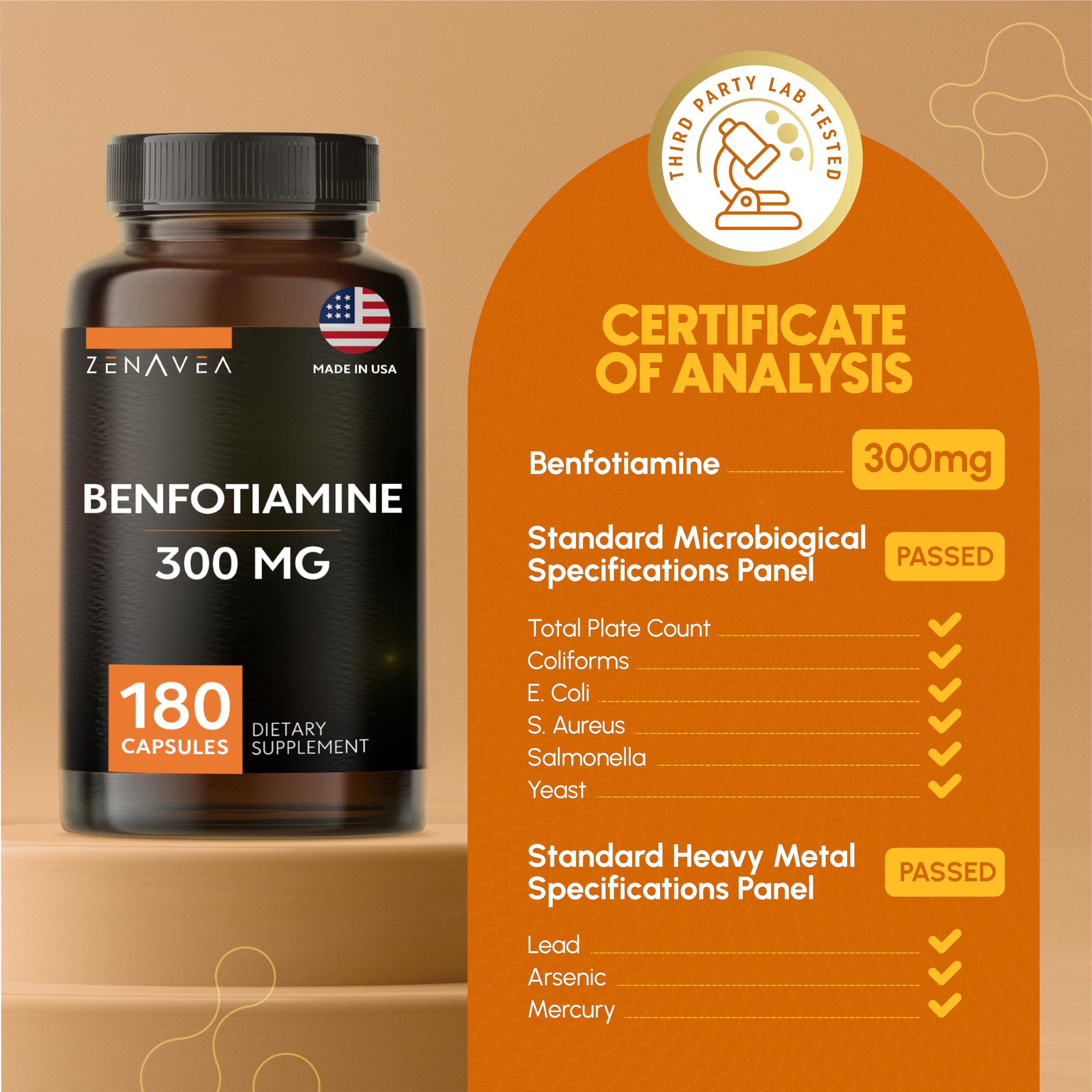 Zenavea Benfotiamine 300mg bottle with capsules on table
