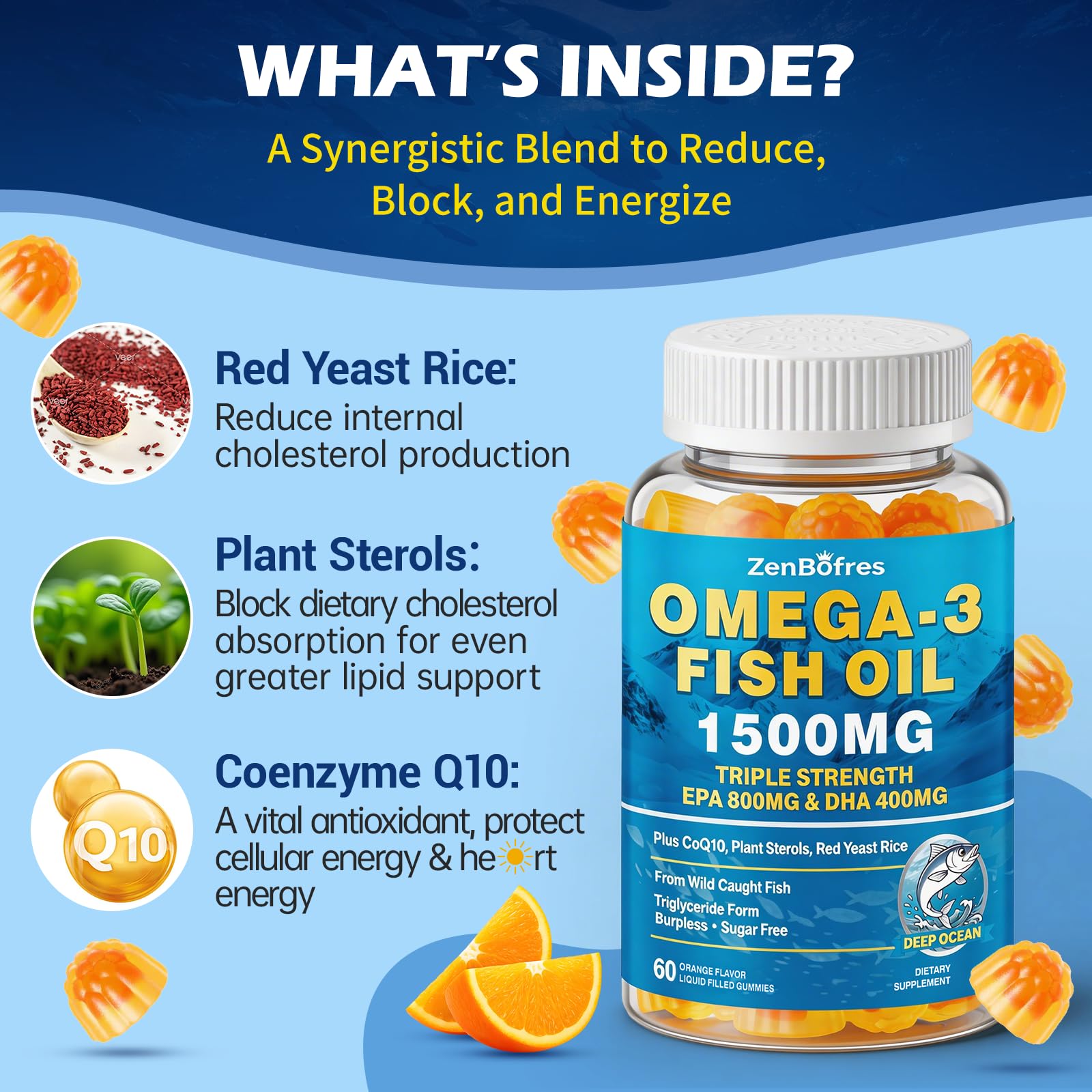 ZenBofres Omega-3 Fish Oil Gummies on a kitchen counter