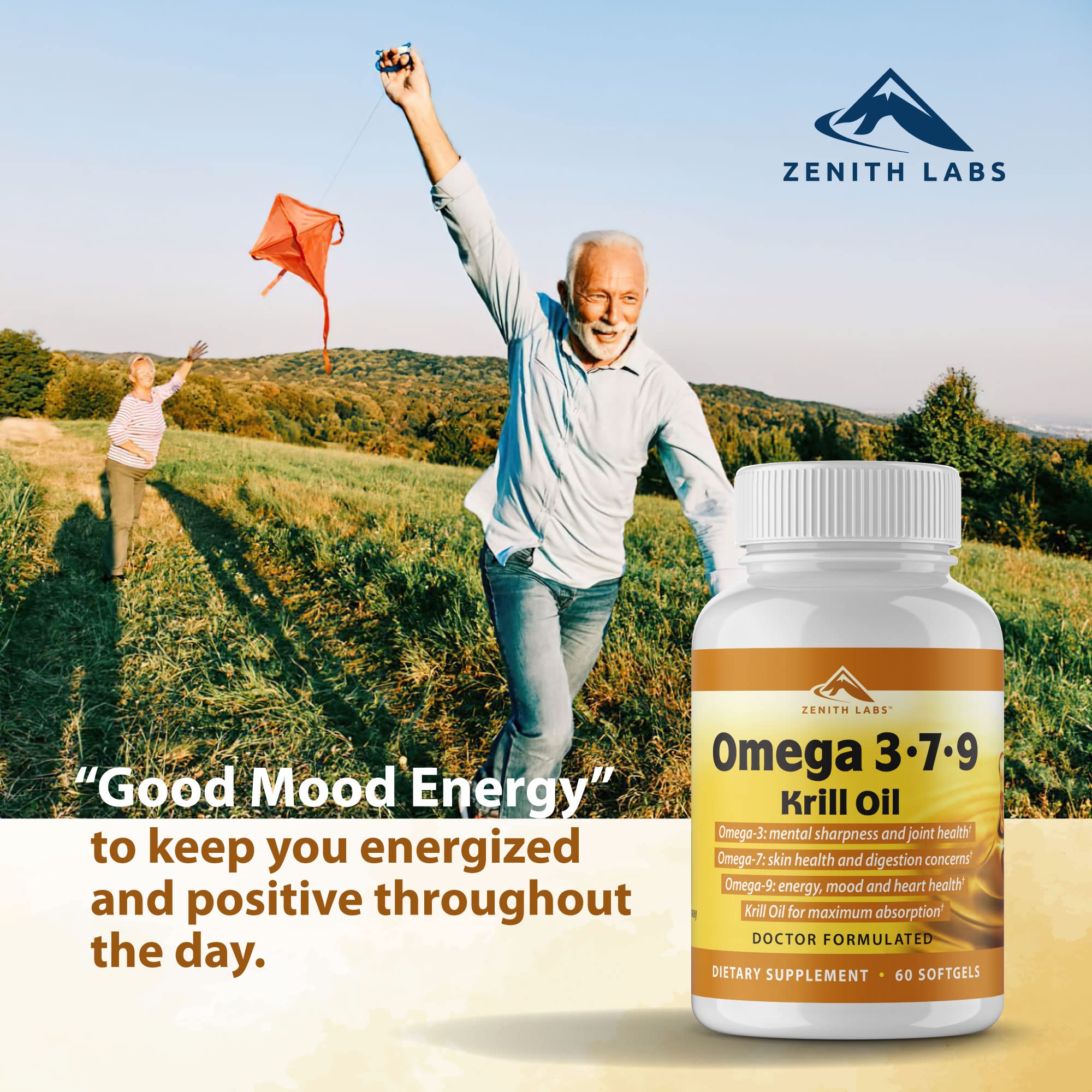 Zenith Labs Krill Oil supplement lifestyle scene with healthy food