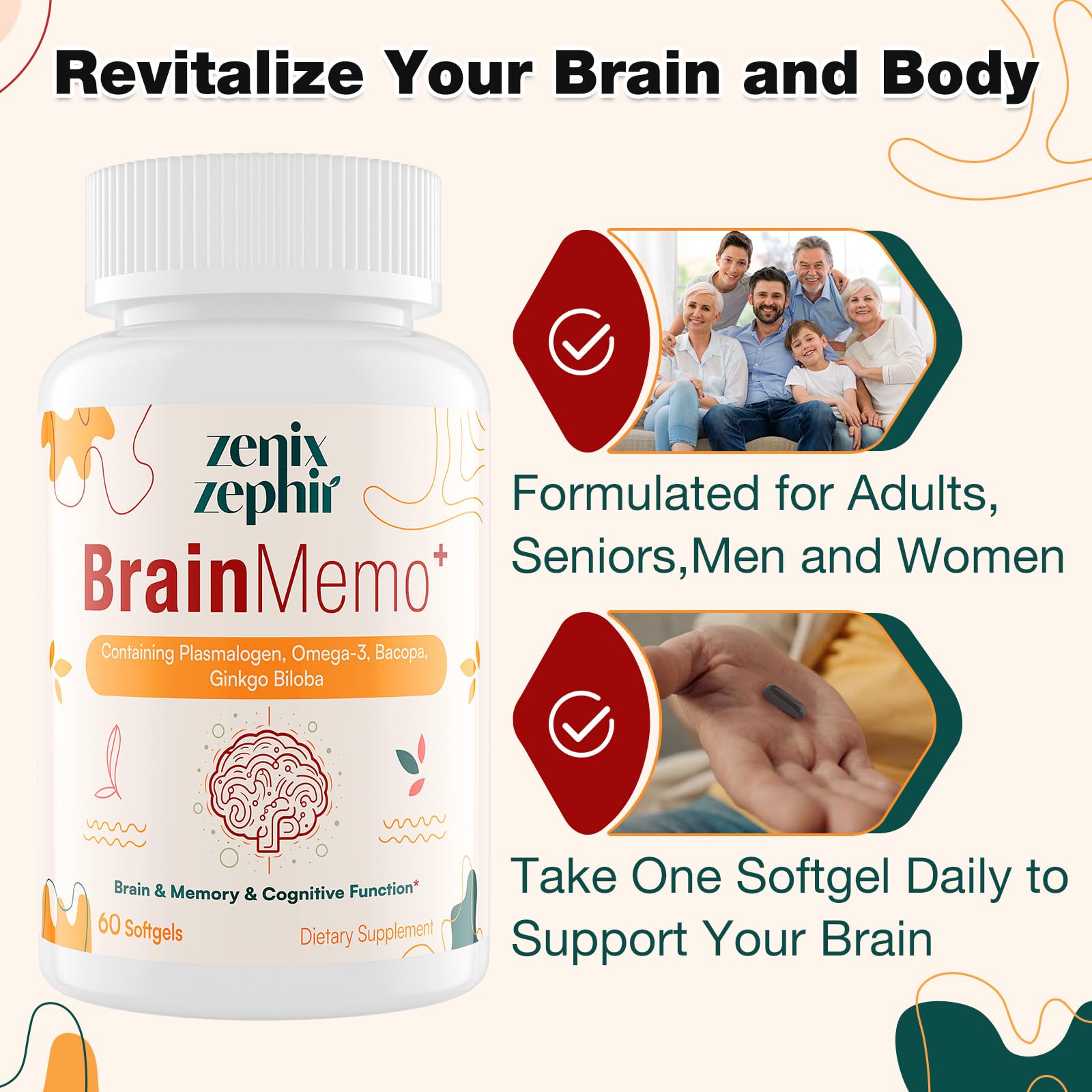 ZenixZephir BrainMemo+ Bacopa Monnieri supplement on a wooden table
