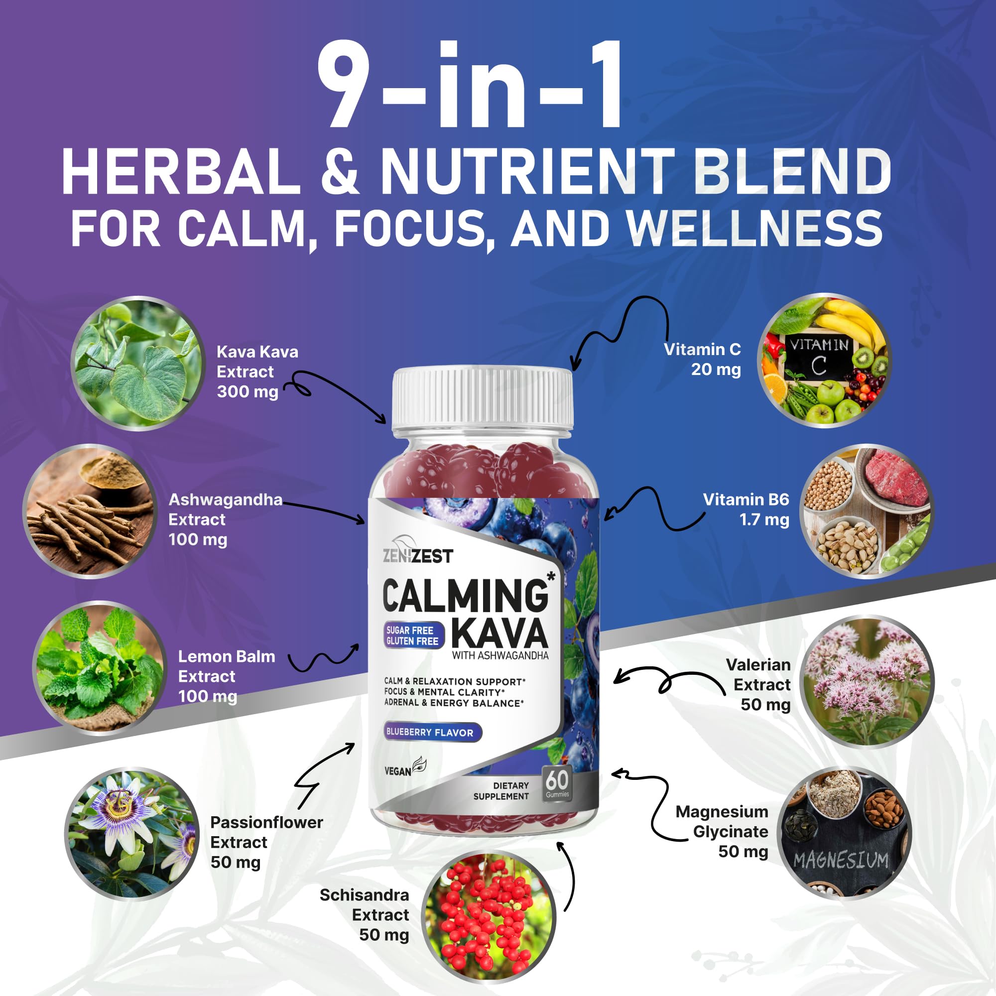 ZeniZest Calming Kava gummies with ingredients displayed