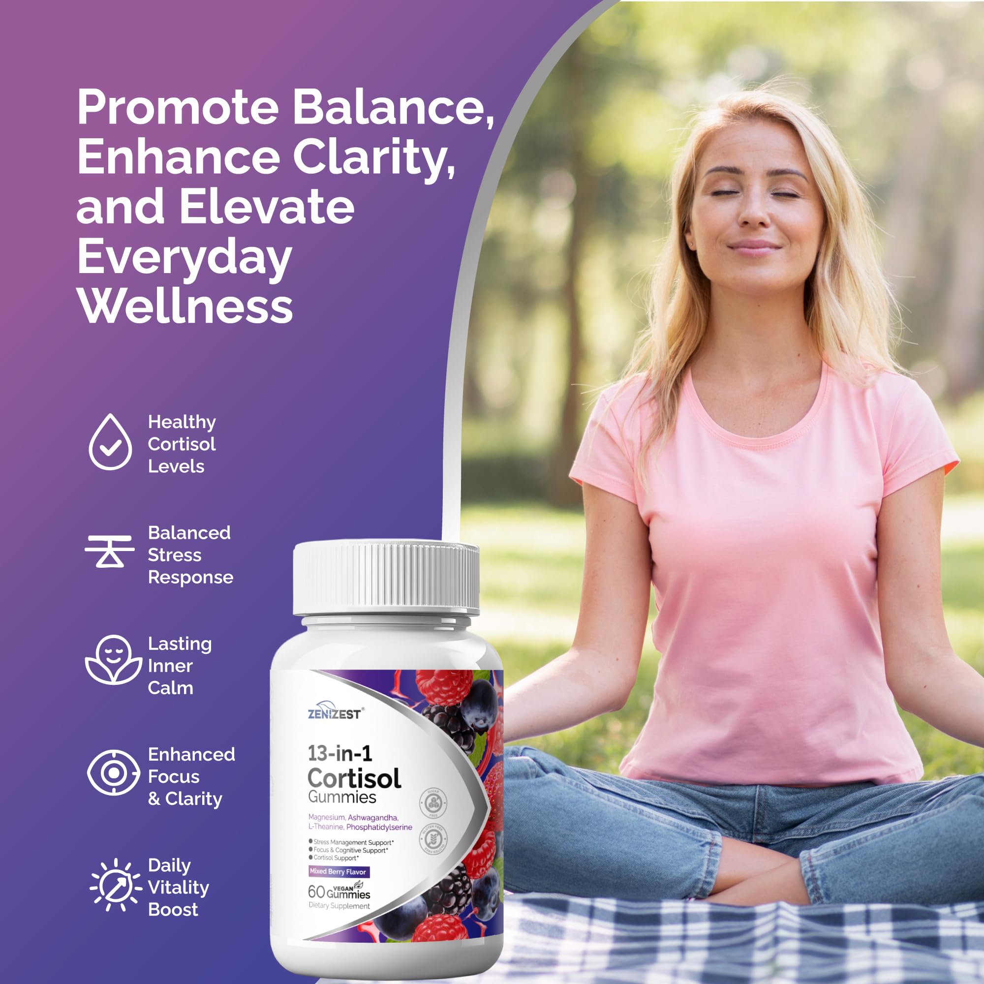 ZeniZest Cortisol Reducer Gummies bottle with mixed berry flavour