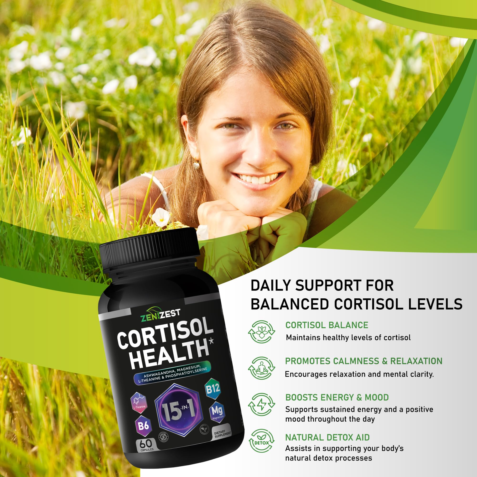 ZeniZest Cortisol Support Supplement 60 capsules back view