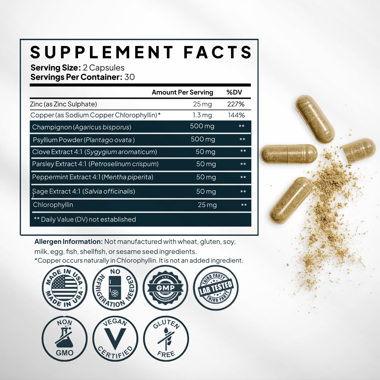 Zenmen Chlorophyll Capsules showing capsule size and colour