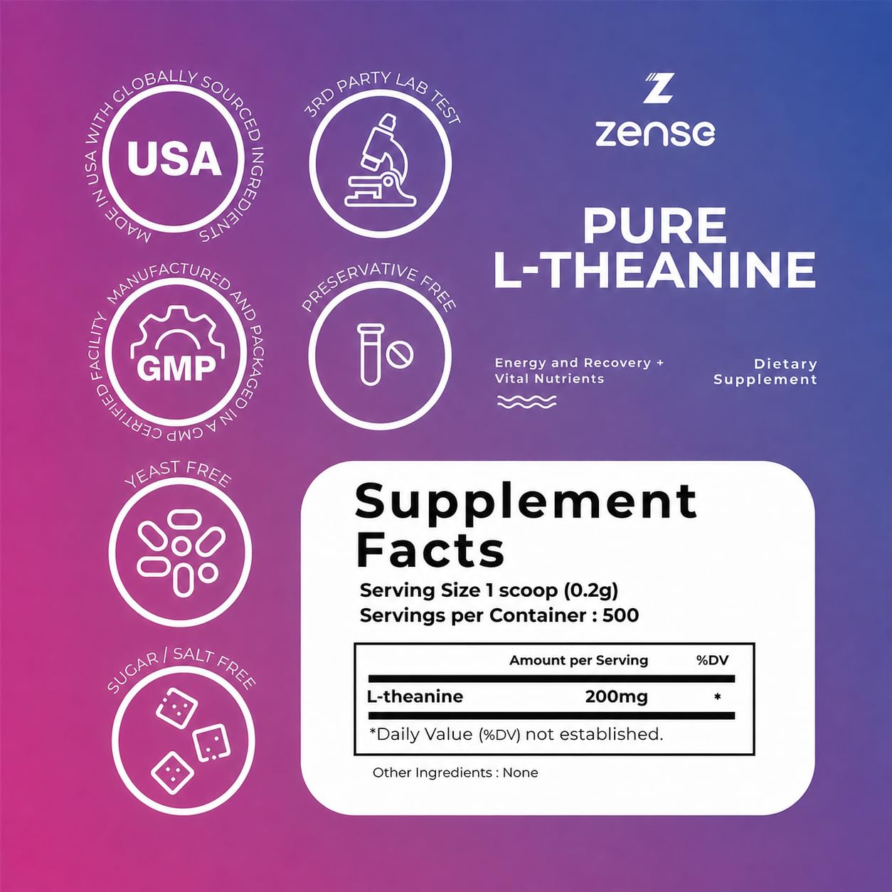 ZENSE Pure L-Theanine Powder 100g back view packaging