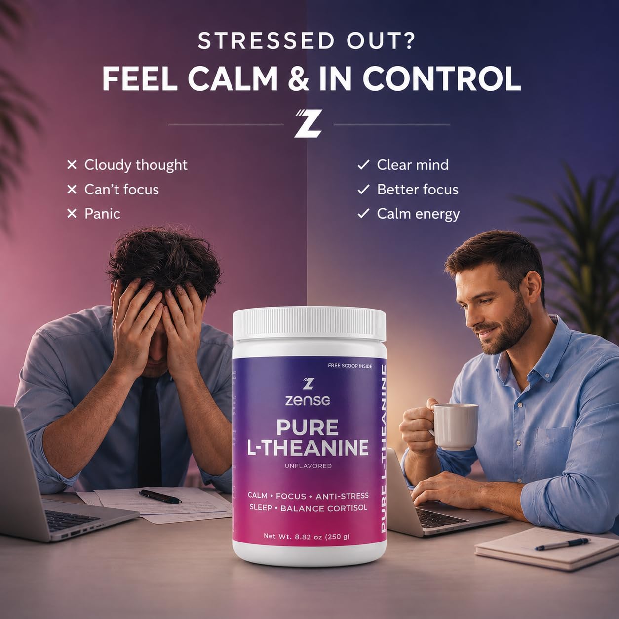 ZENSE Pure L-Theanine Powder mixed in a glass of water