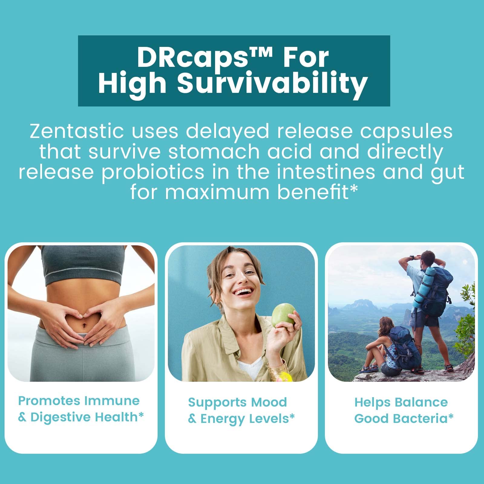 Zentastic Probiotic Supplement with a measuring spoon and water