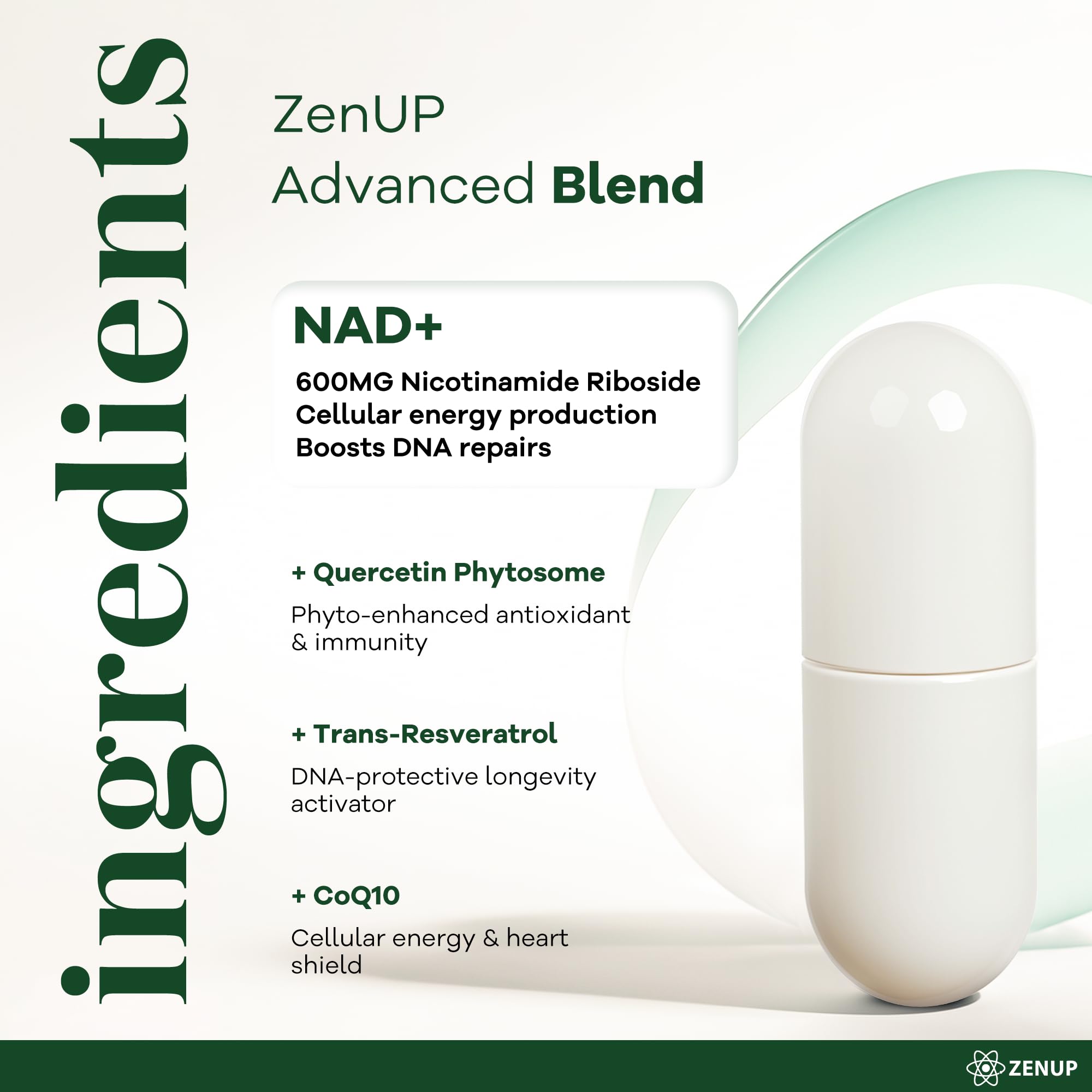 ZenUP NAD+ 1100MG Resveratrol capsule bottle with natural background