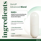 ZenUP NAD+ 1100MG Resveratrol capsule bottle with natural background