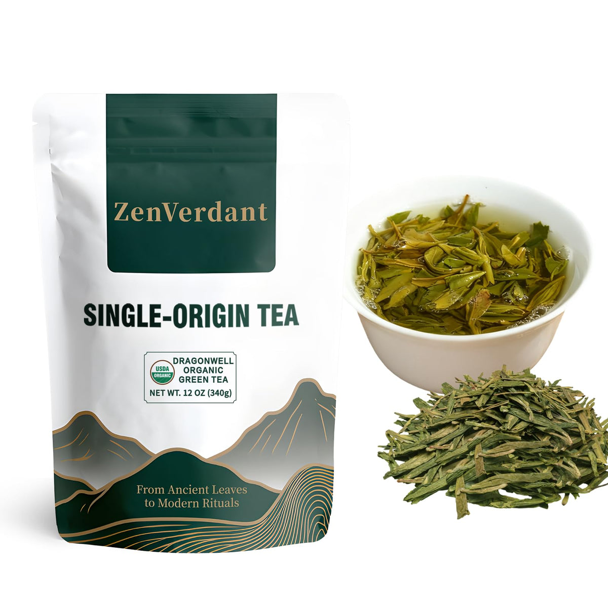 ZenVerdant Longjing Green Tea 340g bag front view