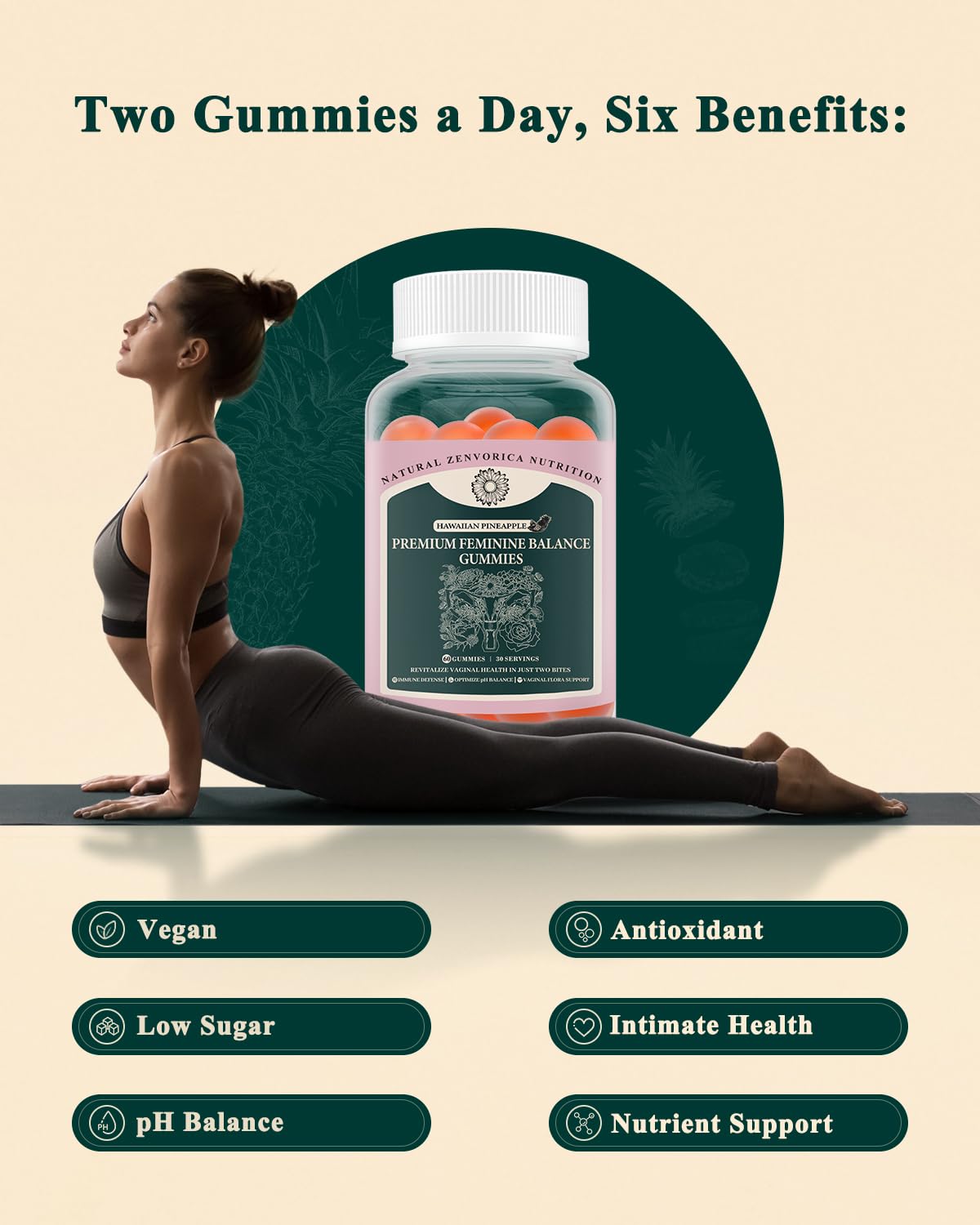 Zenvorica Feminine Balance Gummies 150g displayed on a wooden table