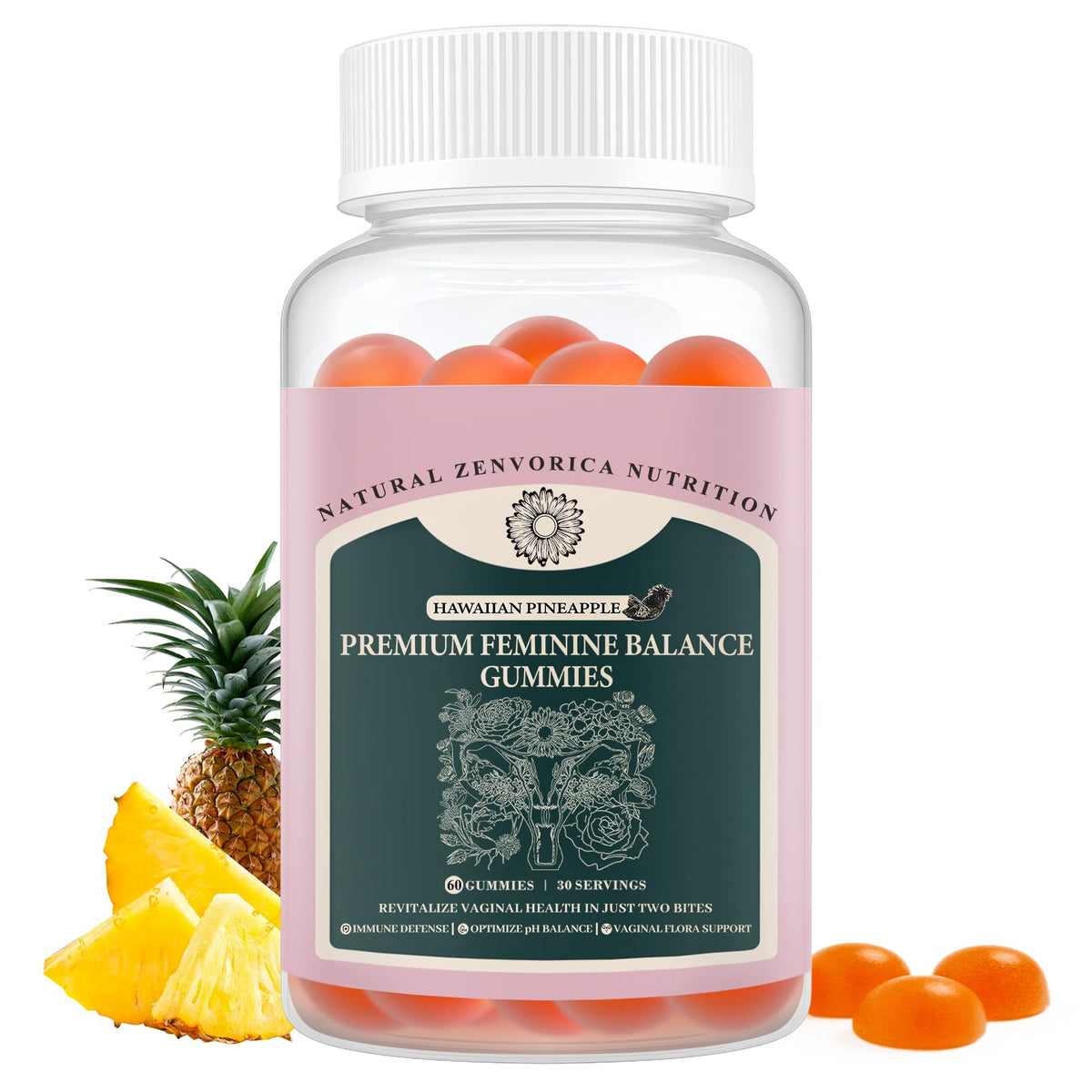Zenvorica Feminine Balance Gummies 150g front view with pineapple packaging