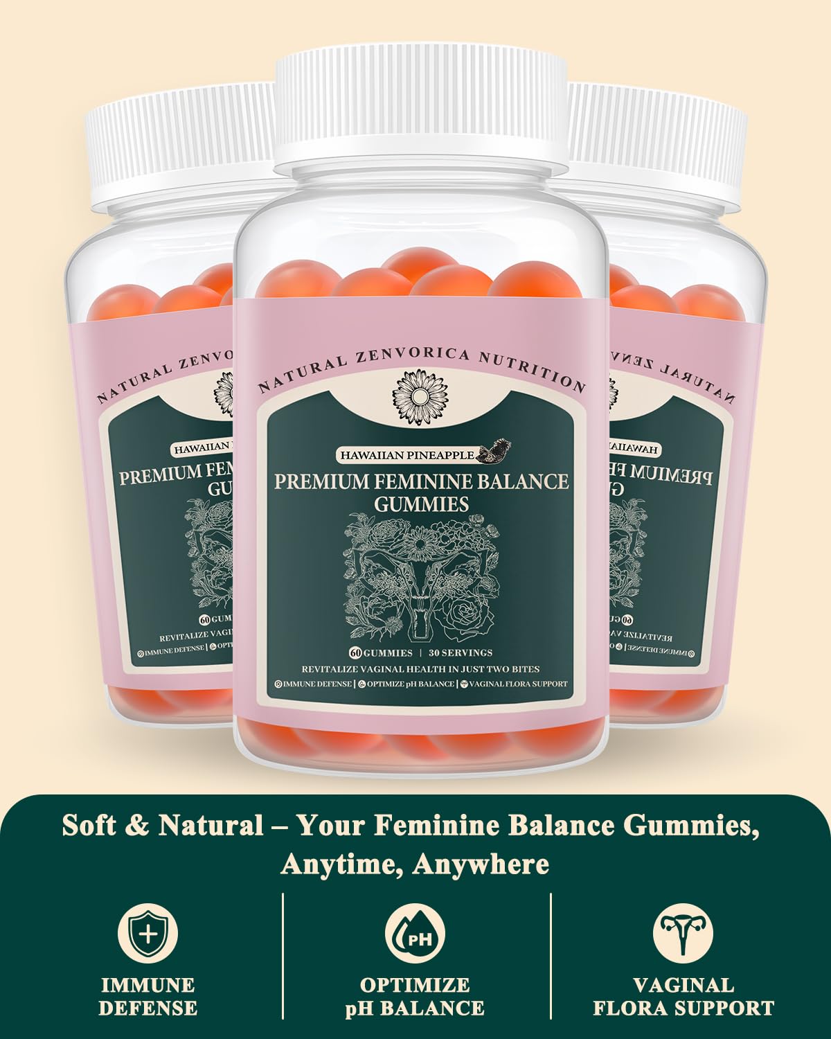 Zenvorica Feminine Balance Gummies 150g side view showing gummy texture