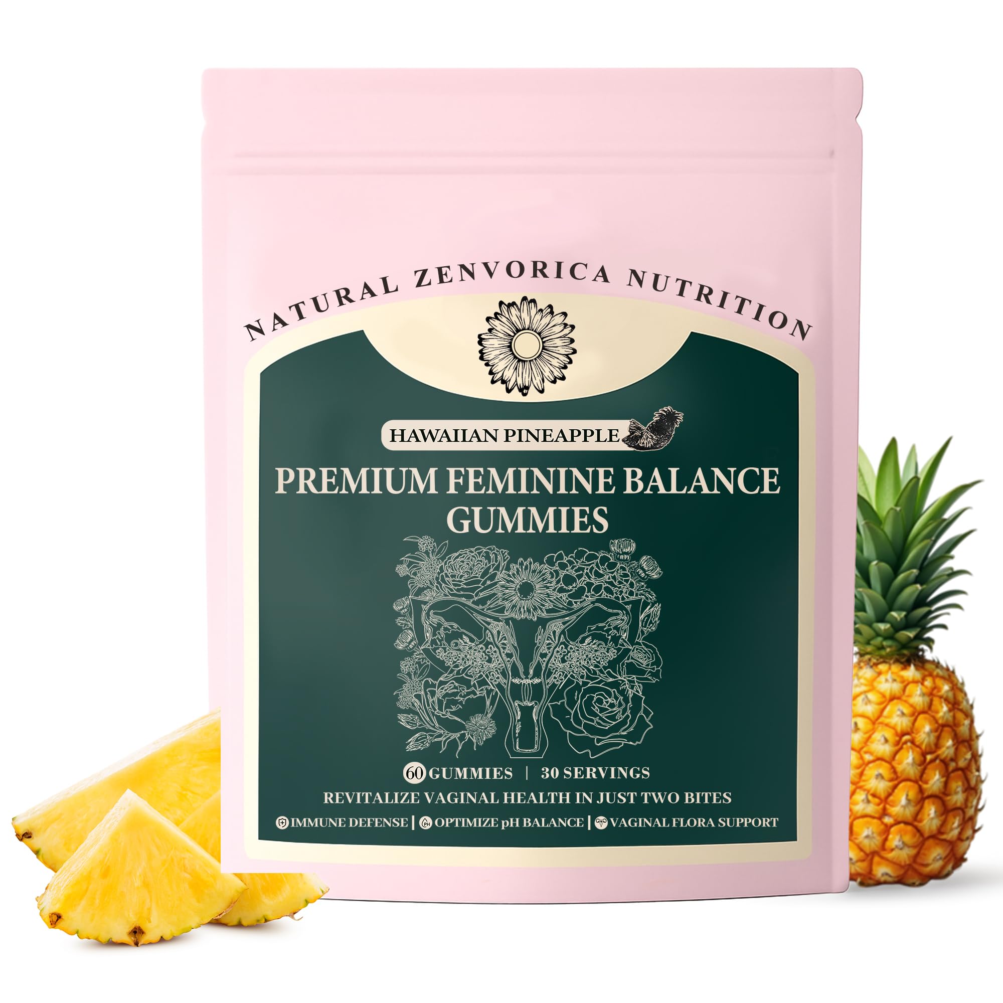 Zenvorica Premium Feminine Balance Gummies front view with packaging