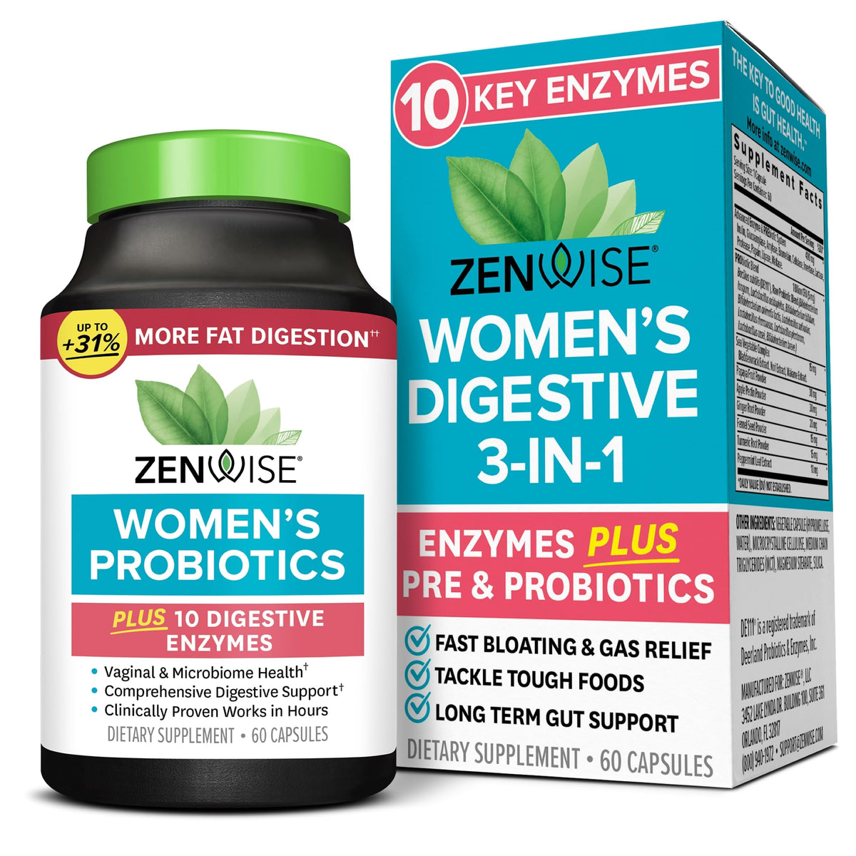 Zenwise Health Women's Probiotics + daily Enzymes 60 capsules front view