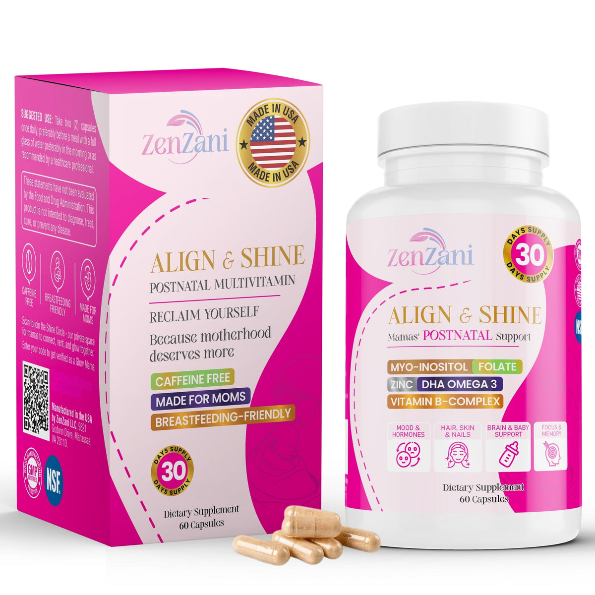 Zenzani Align & Shine Postnatal Vitamins bottle front view
