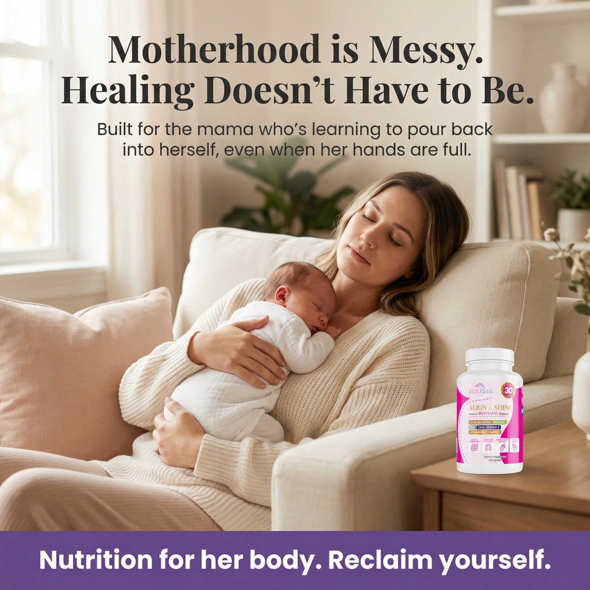 Zenzani Align & Shine Postnatal Vitamins side view showing label