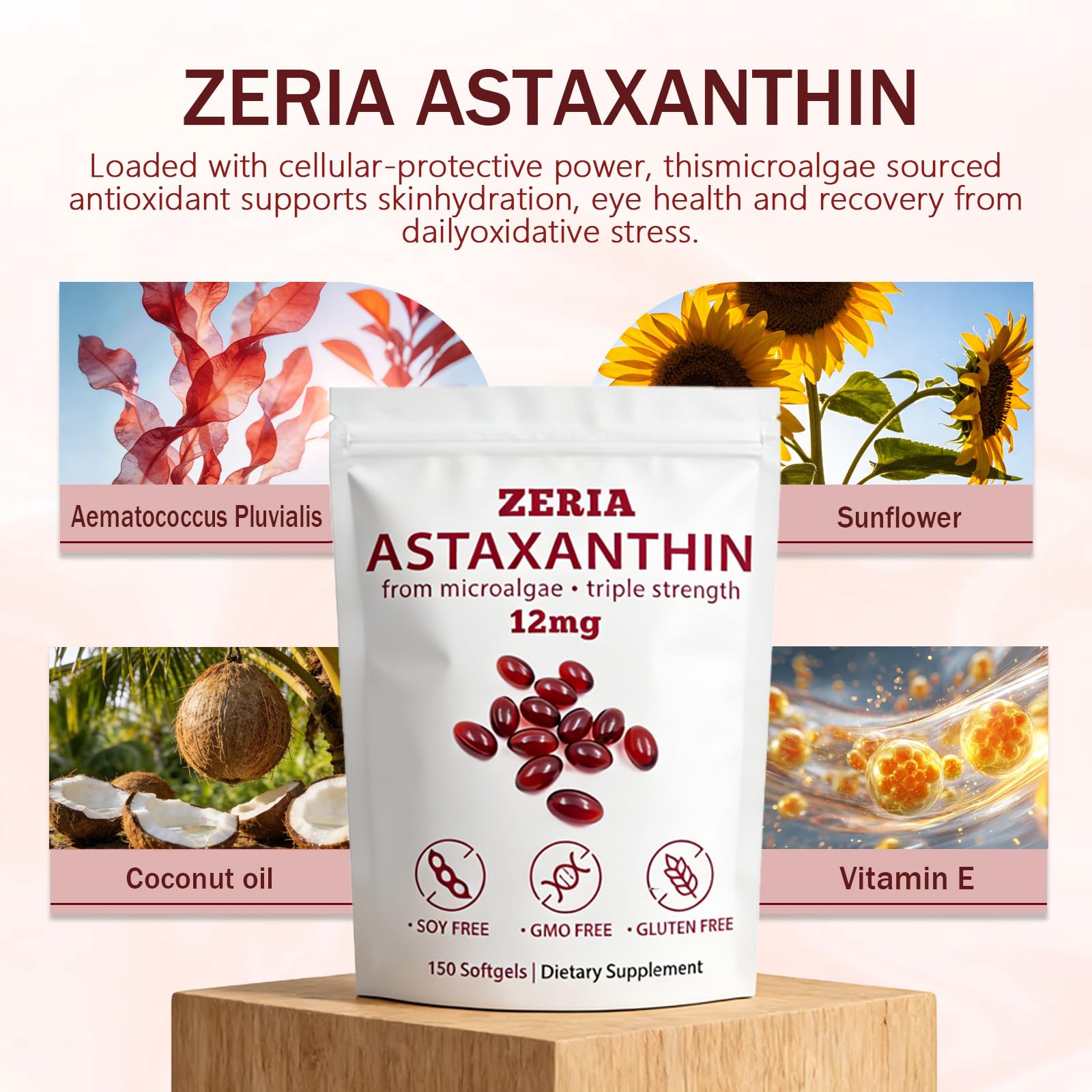 ZERIA Astaxanthin Softgels side view with dosage information